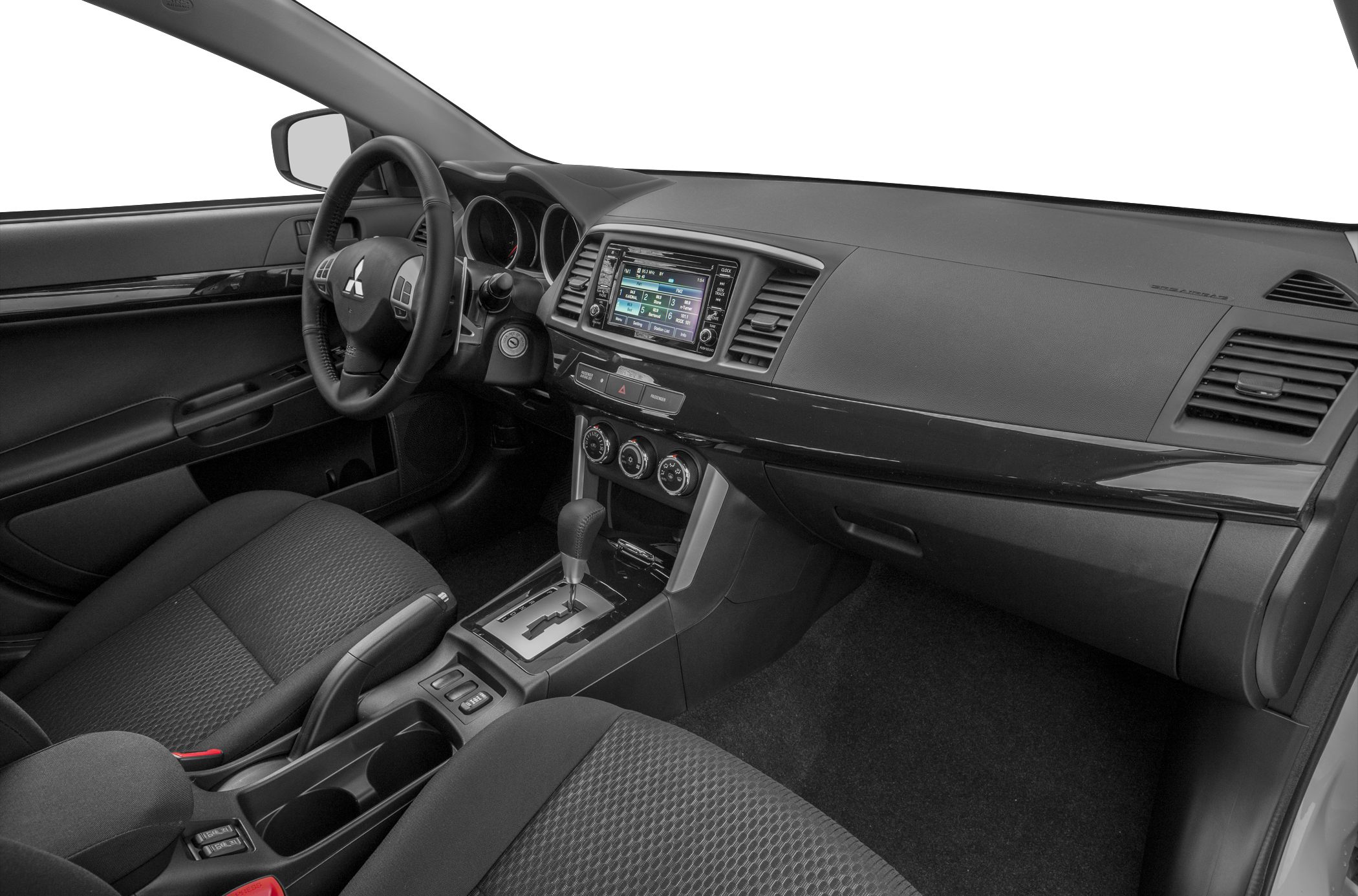 Dashboard, touchscreen infotainment, automatic gear shifter, and front seats interior