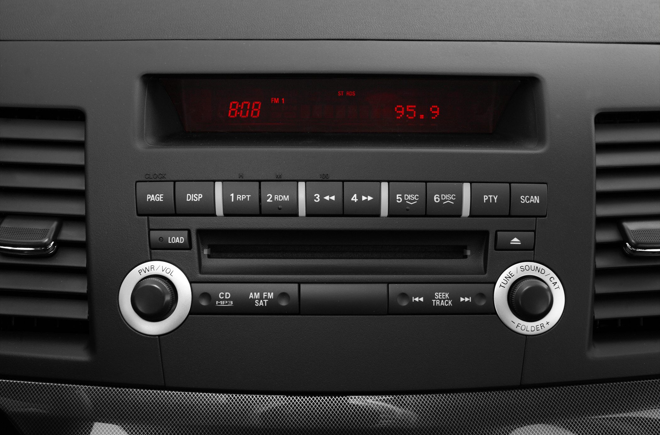 Car stereo system with digital radio display and control buttons
