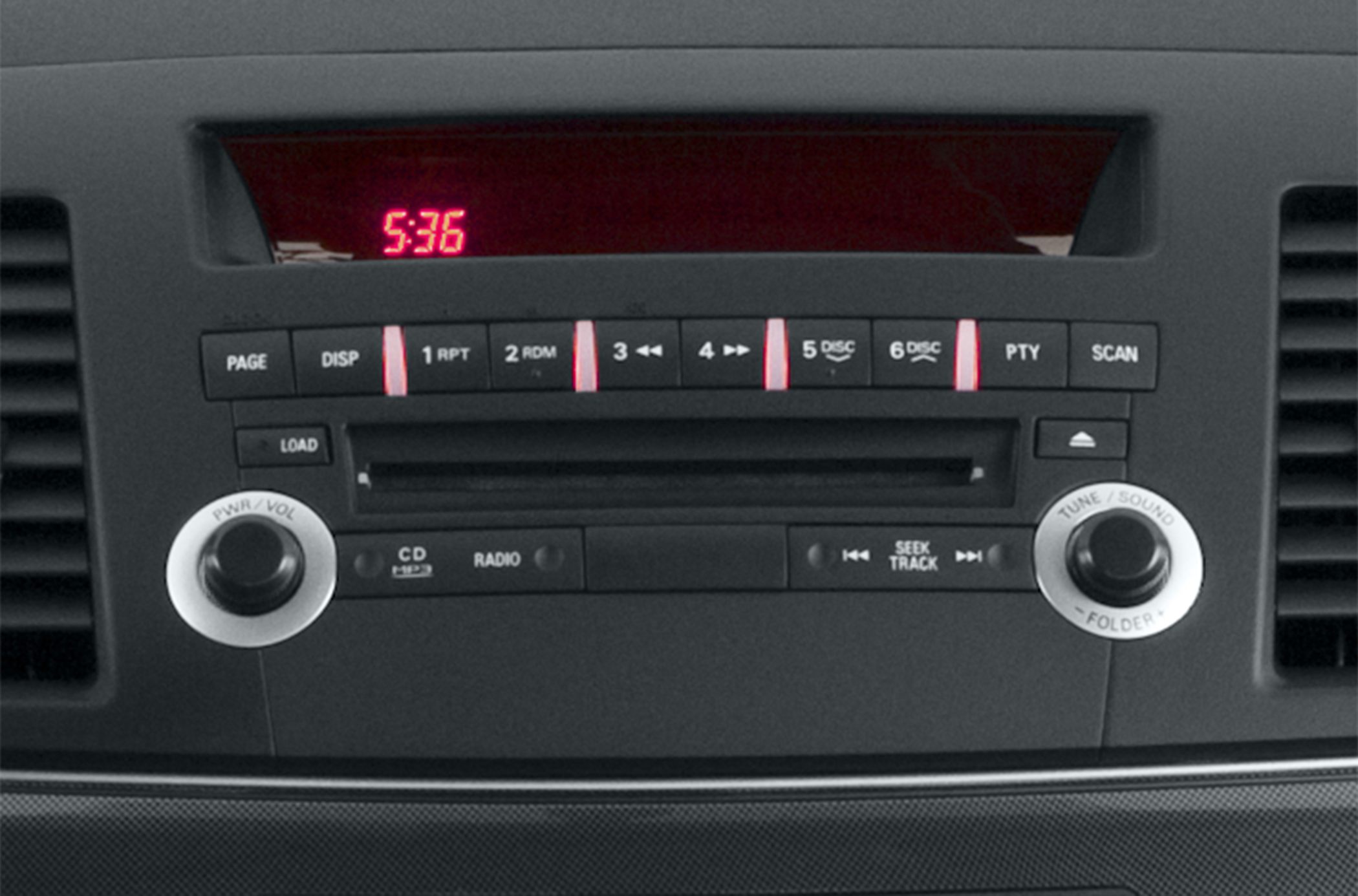 Car radio and CD player console with digital display and control knobs