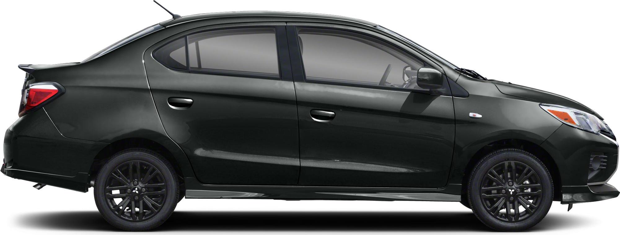Side profile of a compact sedan with tinted windows and black alloy wheels.