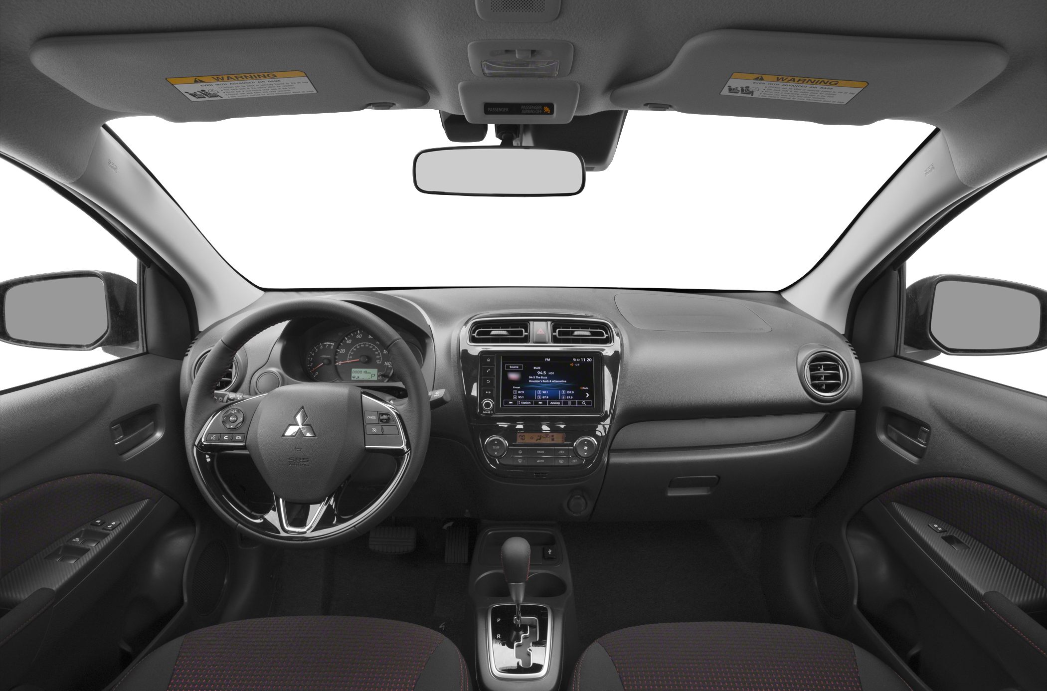 Dashboard, steering wheel, infotainment system, and gear shifter