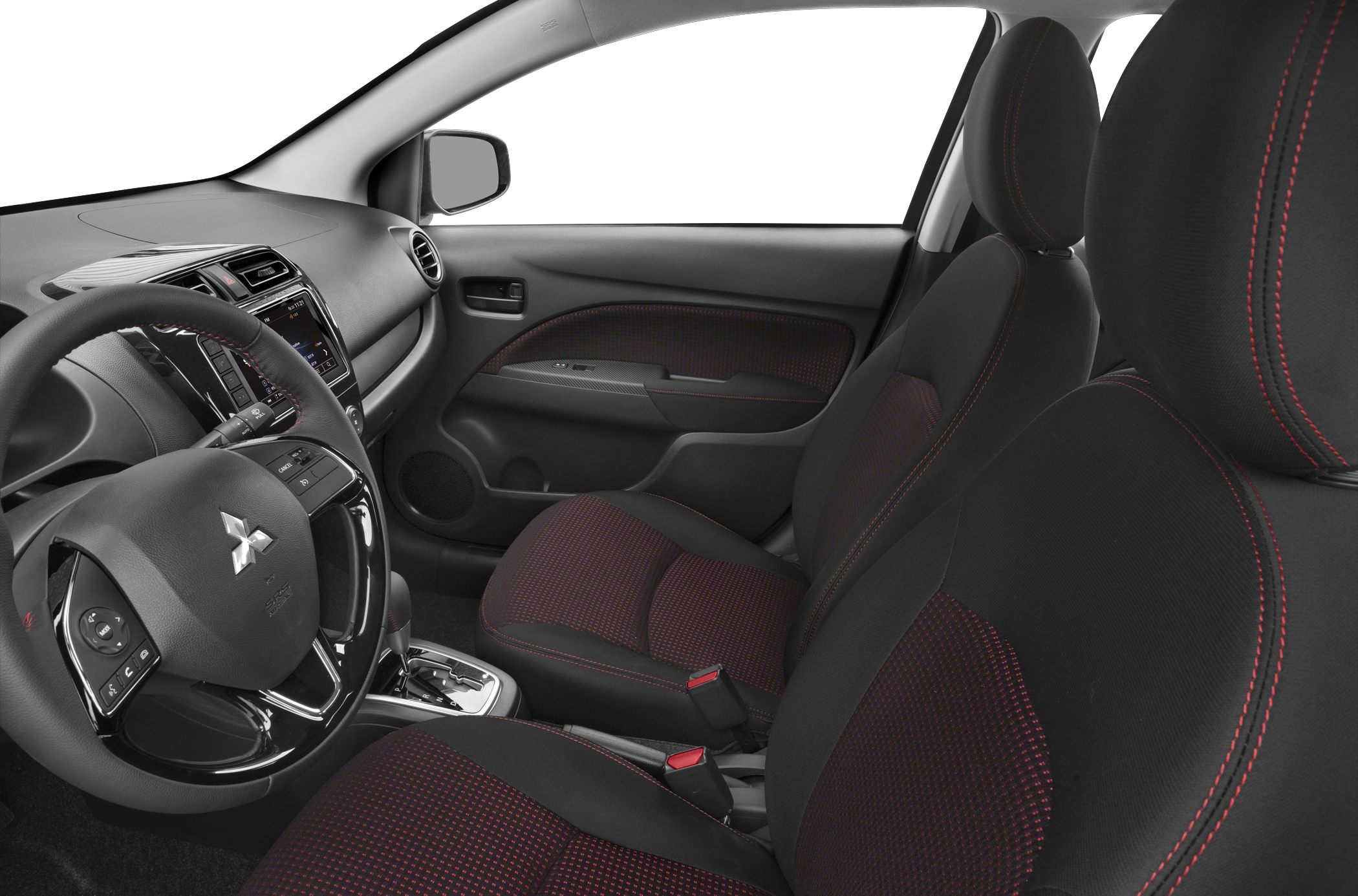 Red and black fabric front seats with multifunction steering wheel