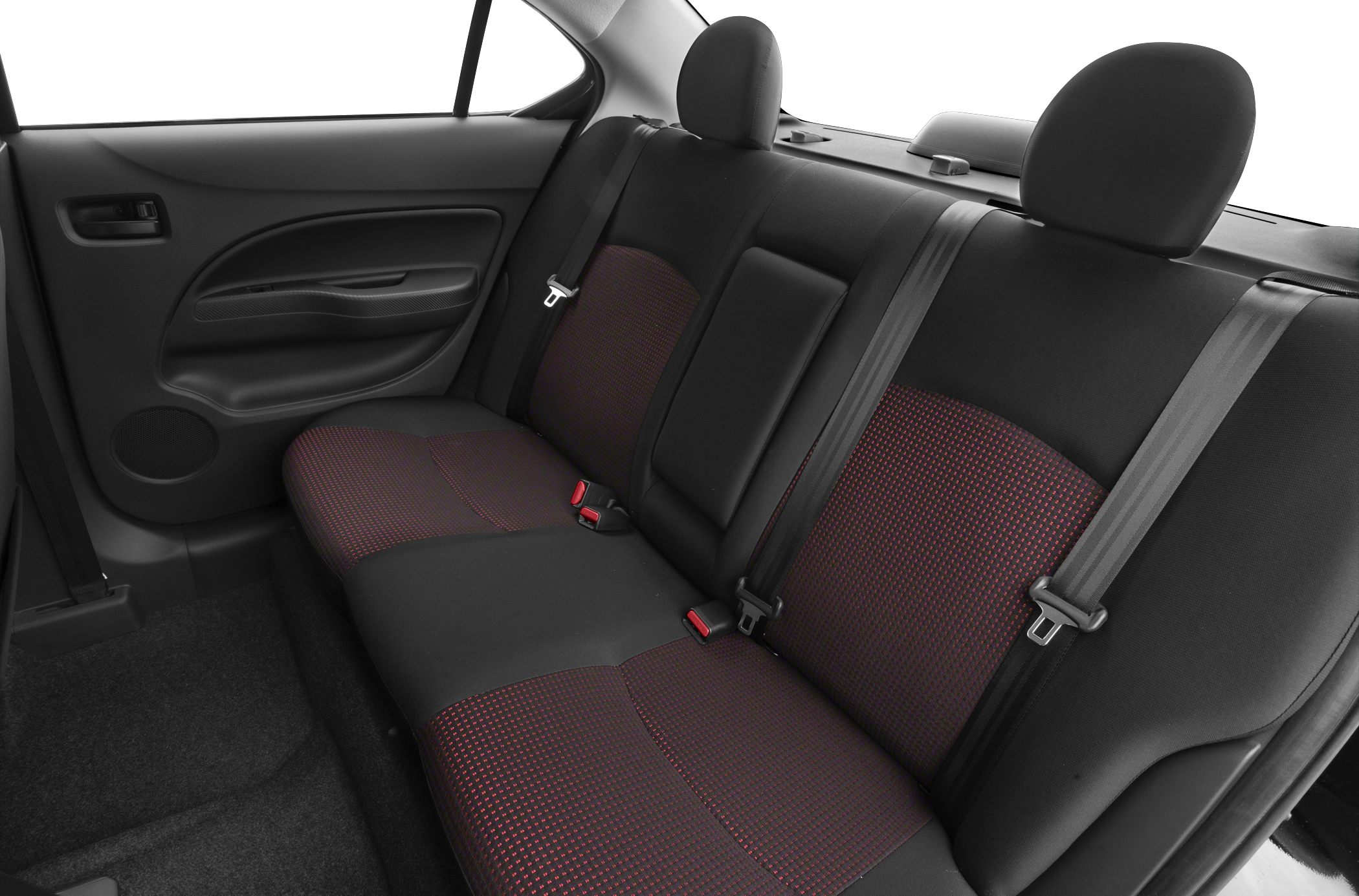 Rear seat fabric upholstery with seatbelts and door panel