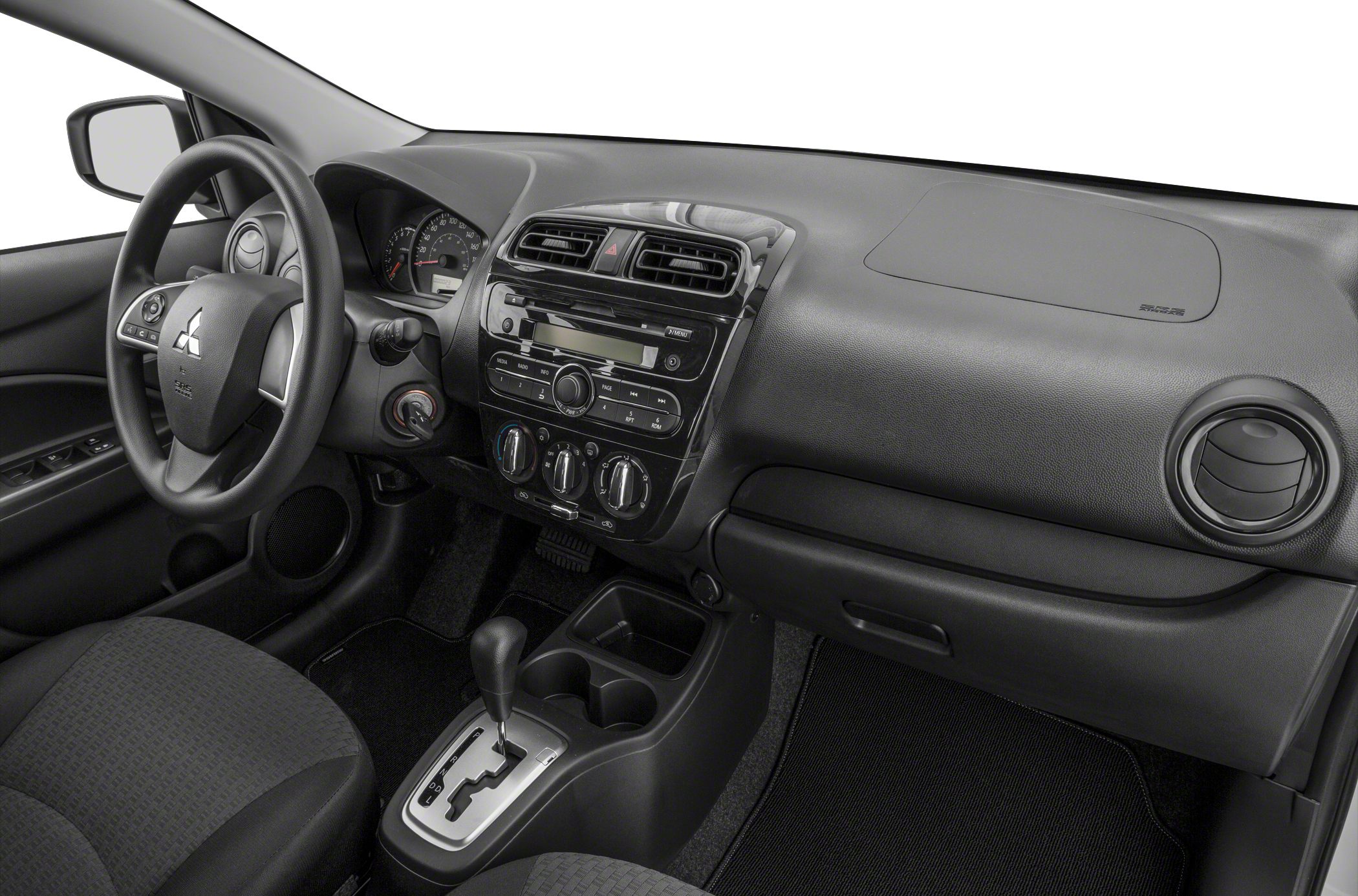 Dashboard, steering wheel controls, and automatic gear shift lever