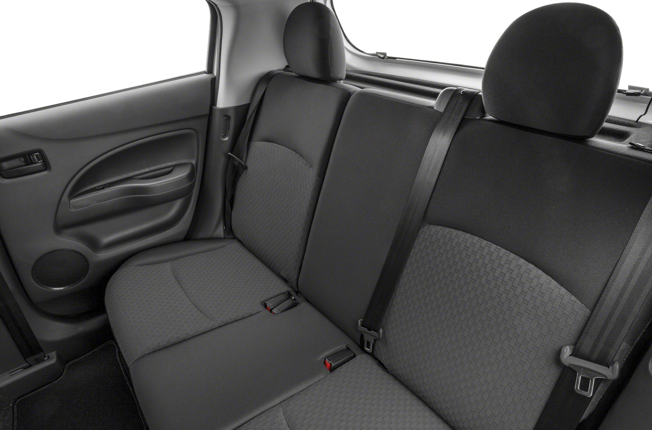 Rear seat interior with textured fabric upholstery and seat belts