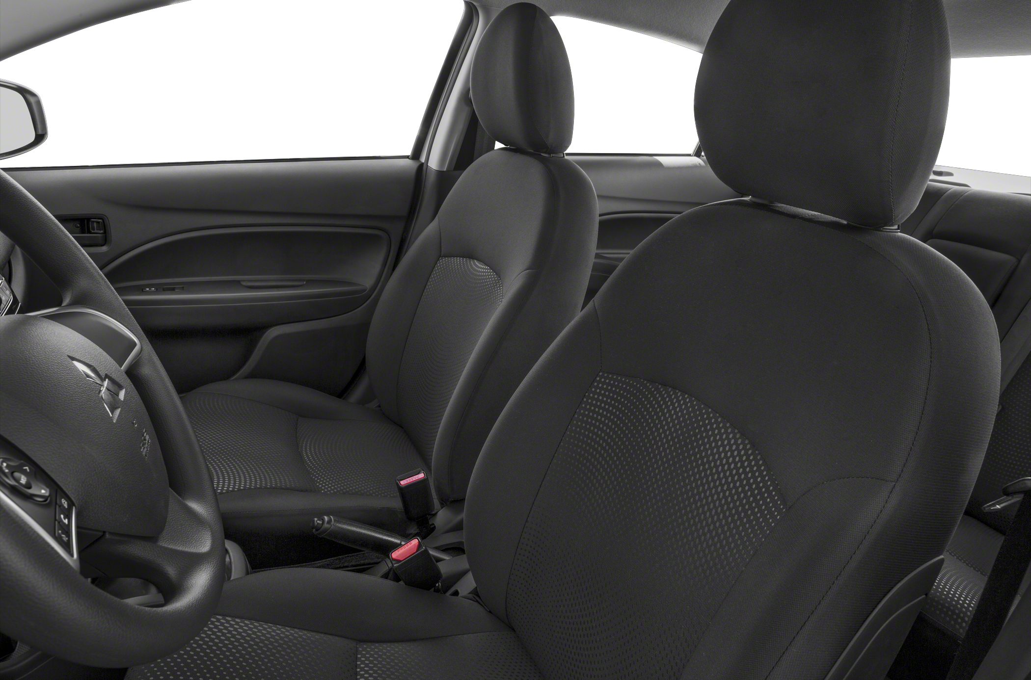 Front seats and steering wheel with fabric upholstery