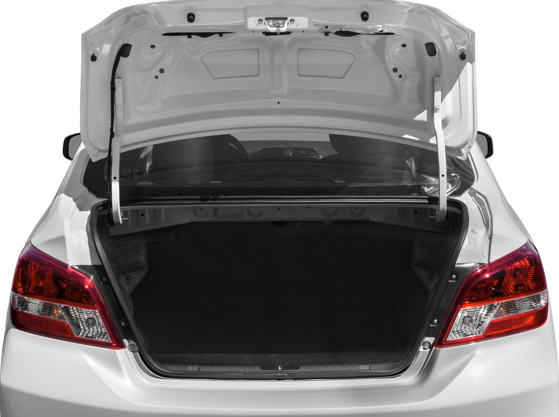 Rear view of sedan trunk with open hatch and visible taillights