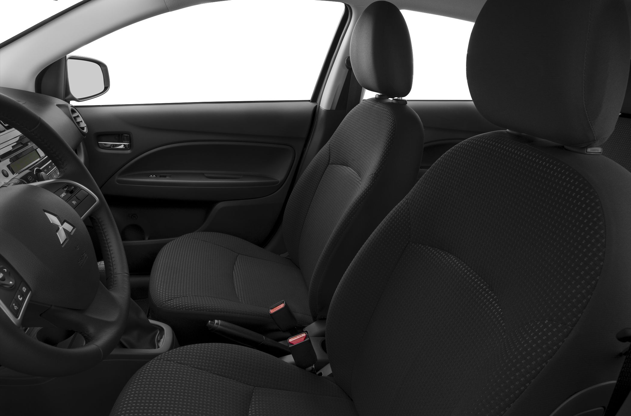Front seats and dashboard interior of a compact hatchback