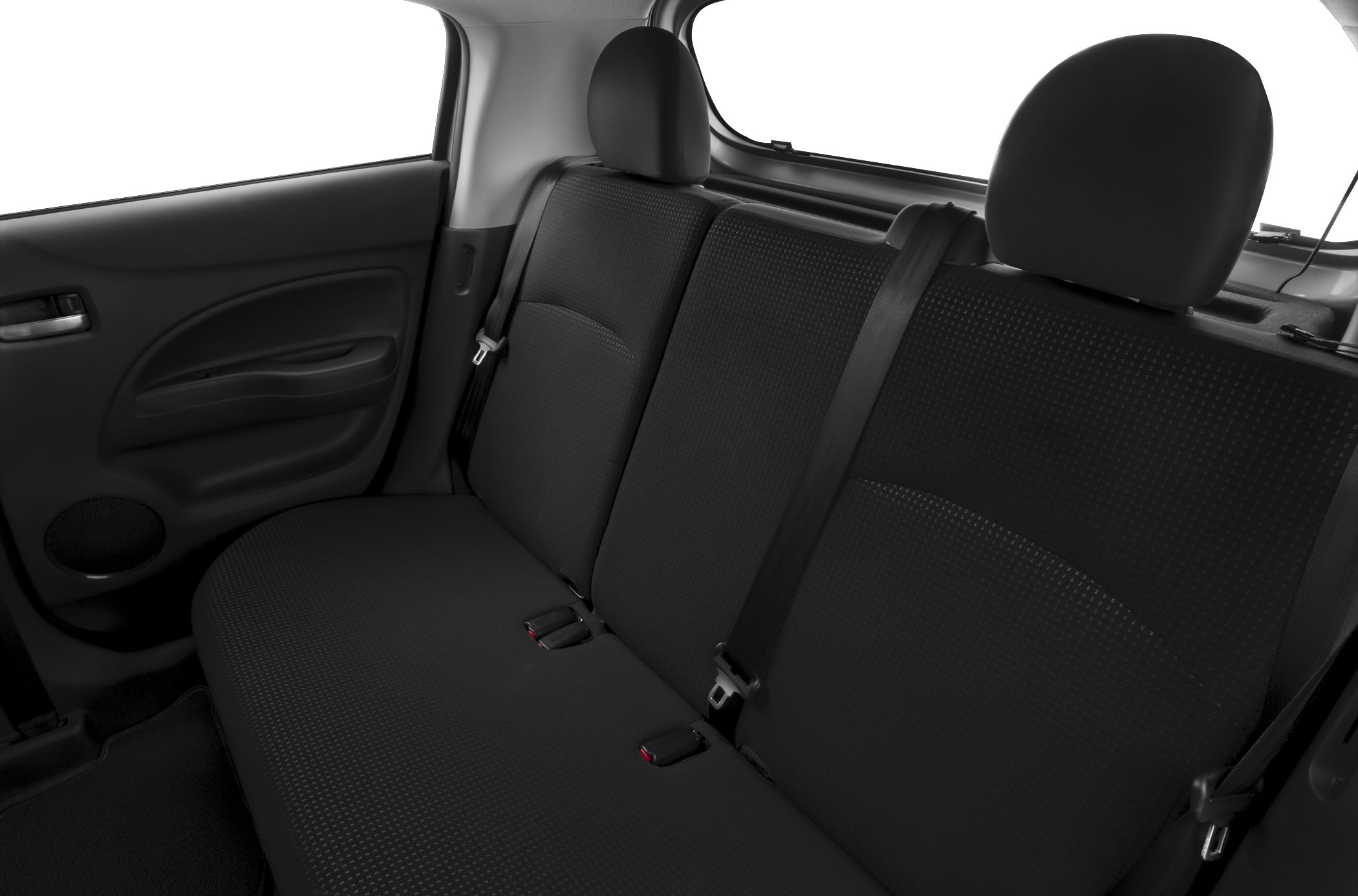 Rear passenger seat upholstery with seatbelts and headrests