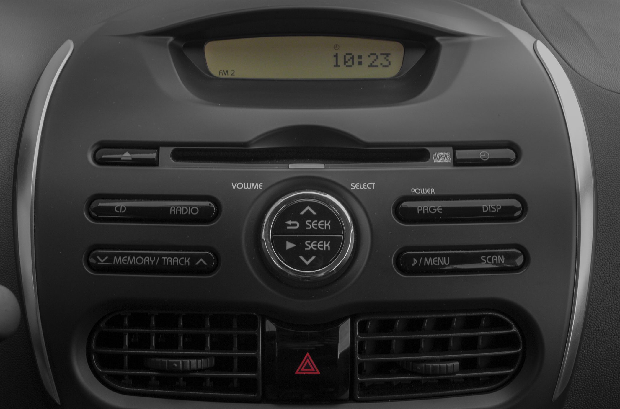 Radio control panel with digital clock and air vents