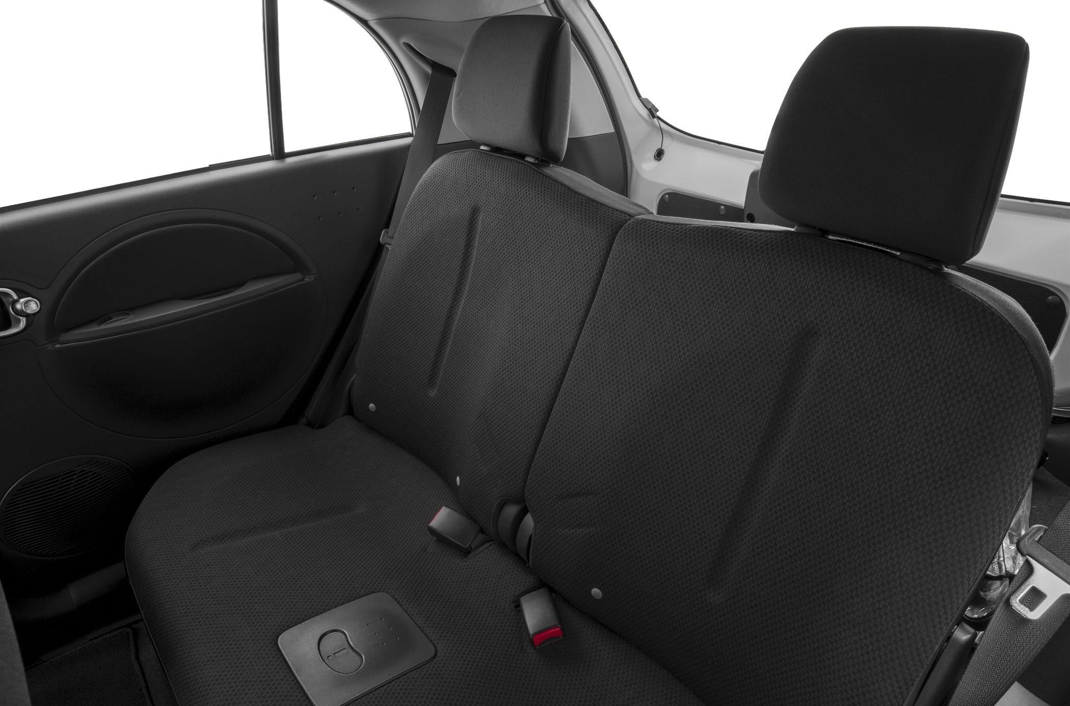 Rear seating and interior side view with seatbelt and headrest