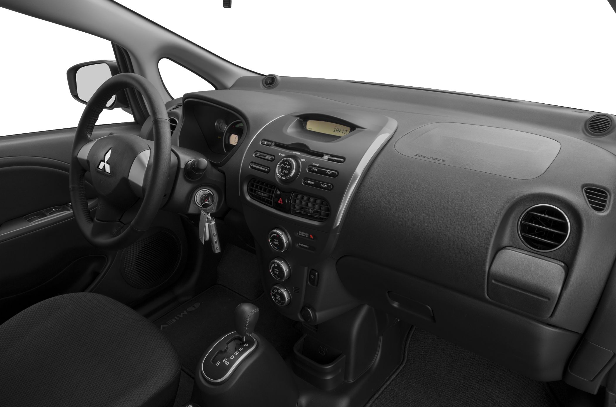 Dashboard, steering wheel, and control panel of a compact car