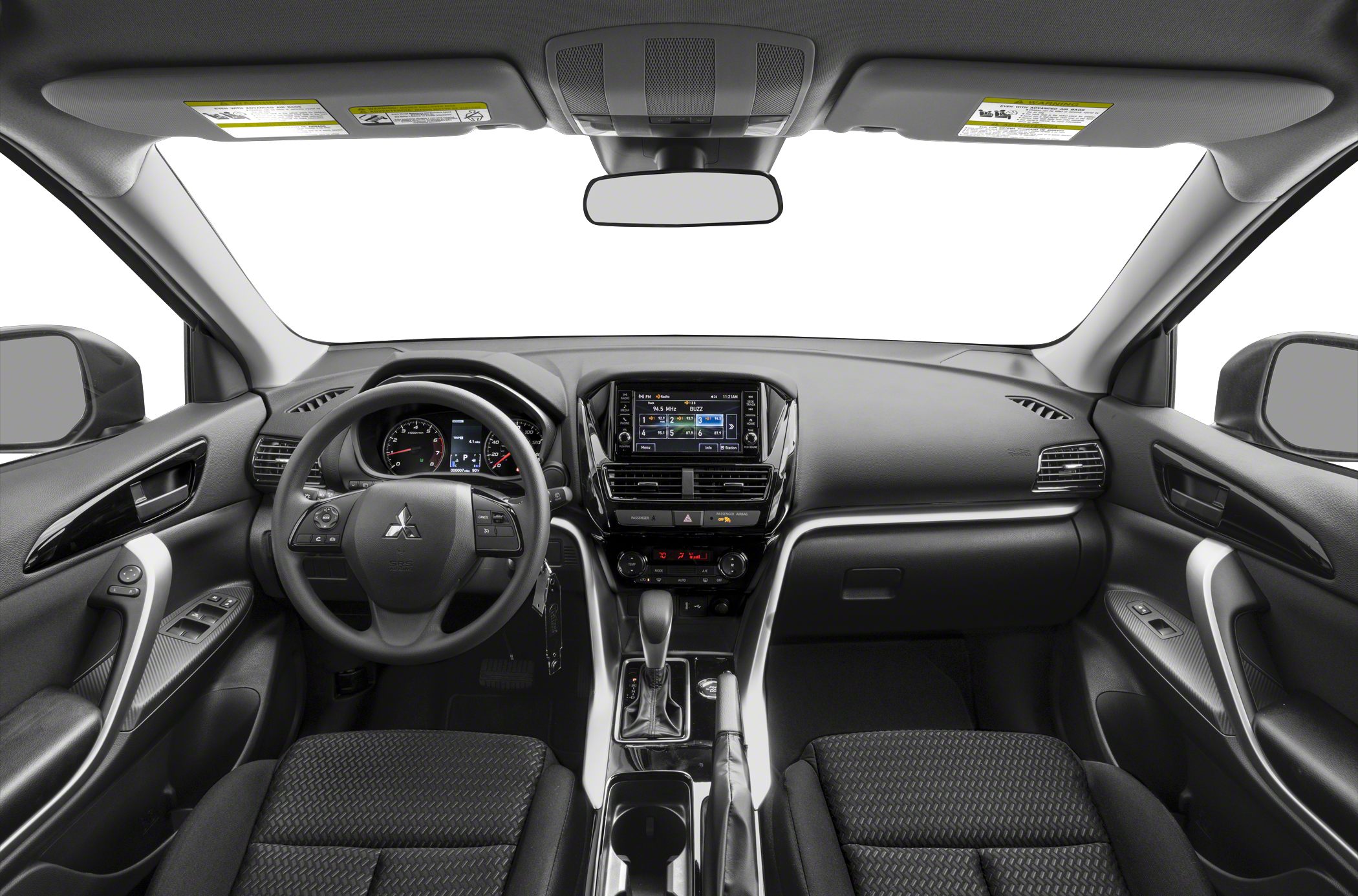 Interior dashboard, steering wheel, and center console with infotainment system