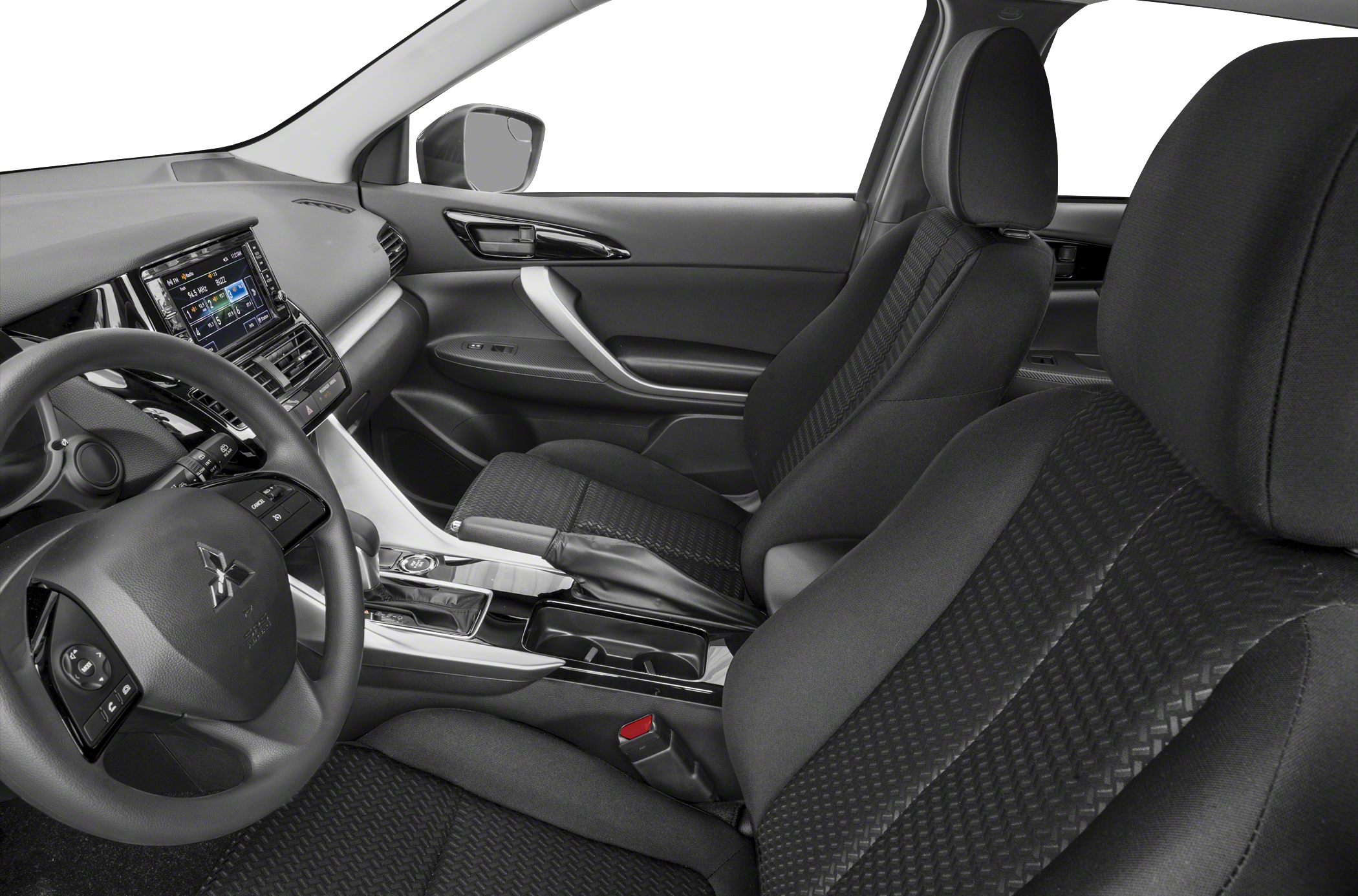 Modern front seats and dashboard with center console and steering wheel