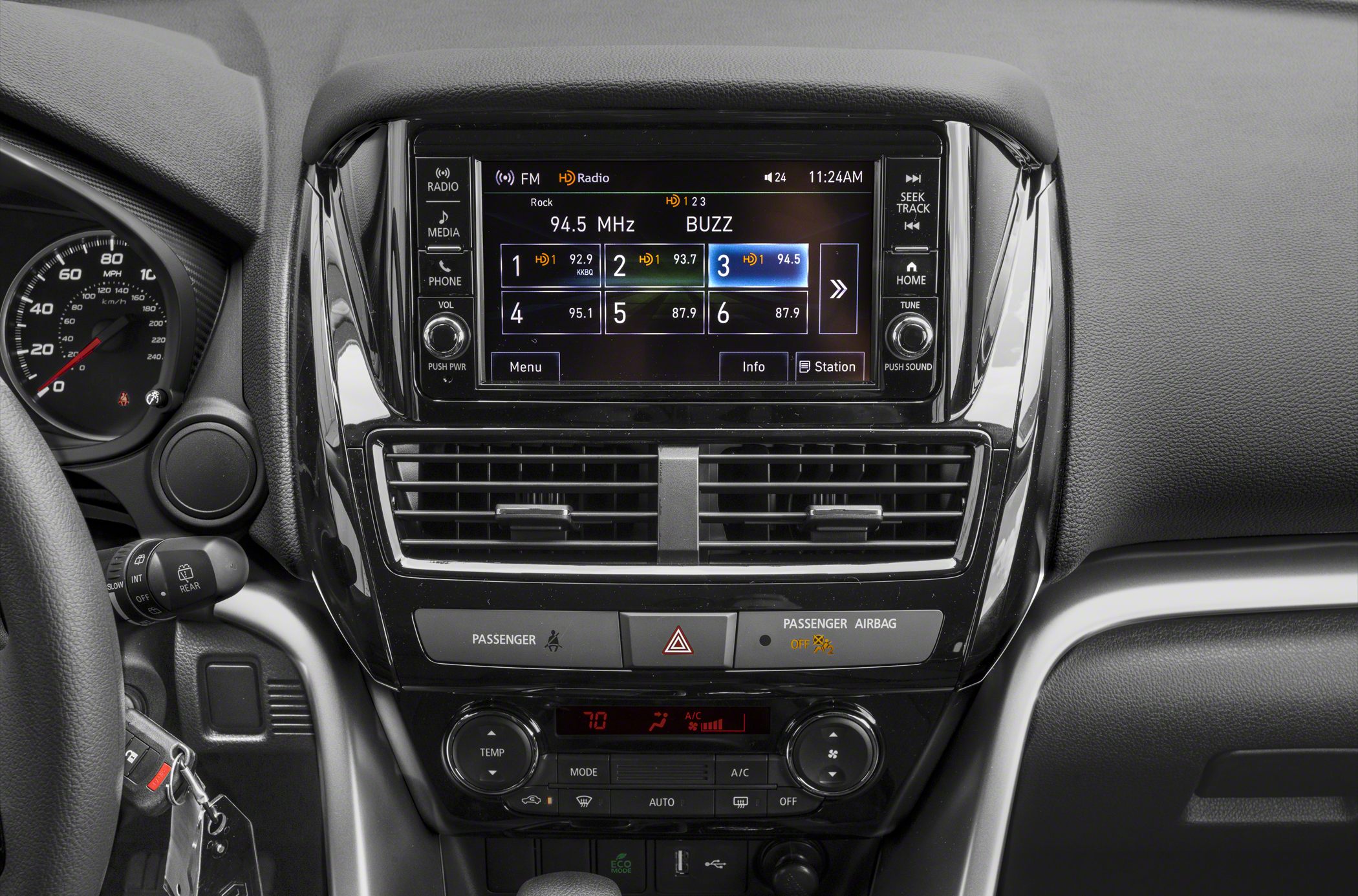 Center console with touchscreen infotainment and climate control panel