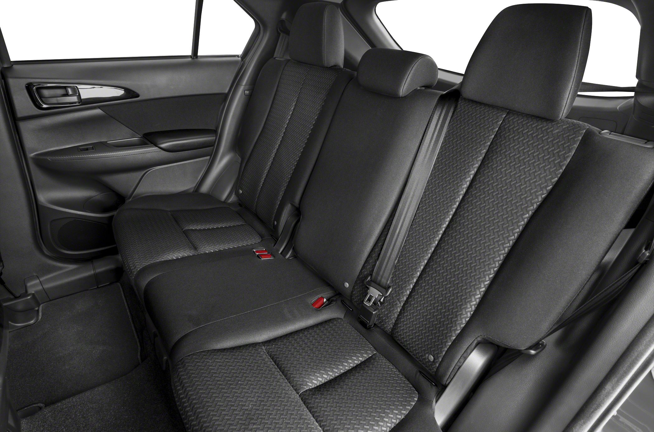 Three-seat rear bench with textured upholstery and seatbelt.