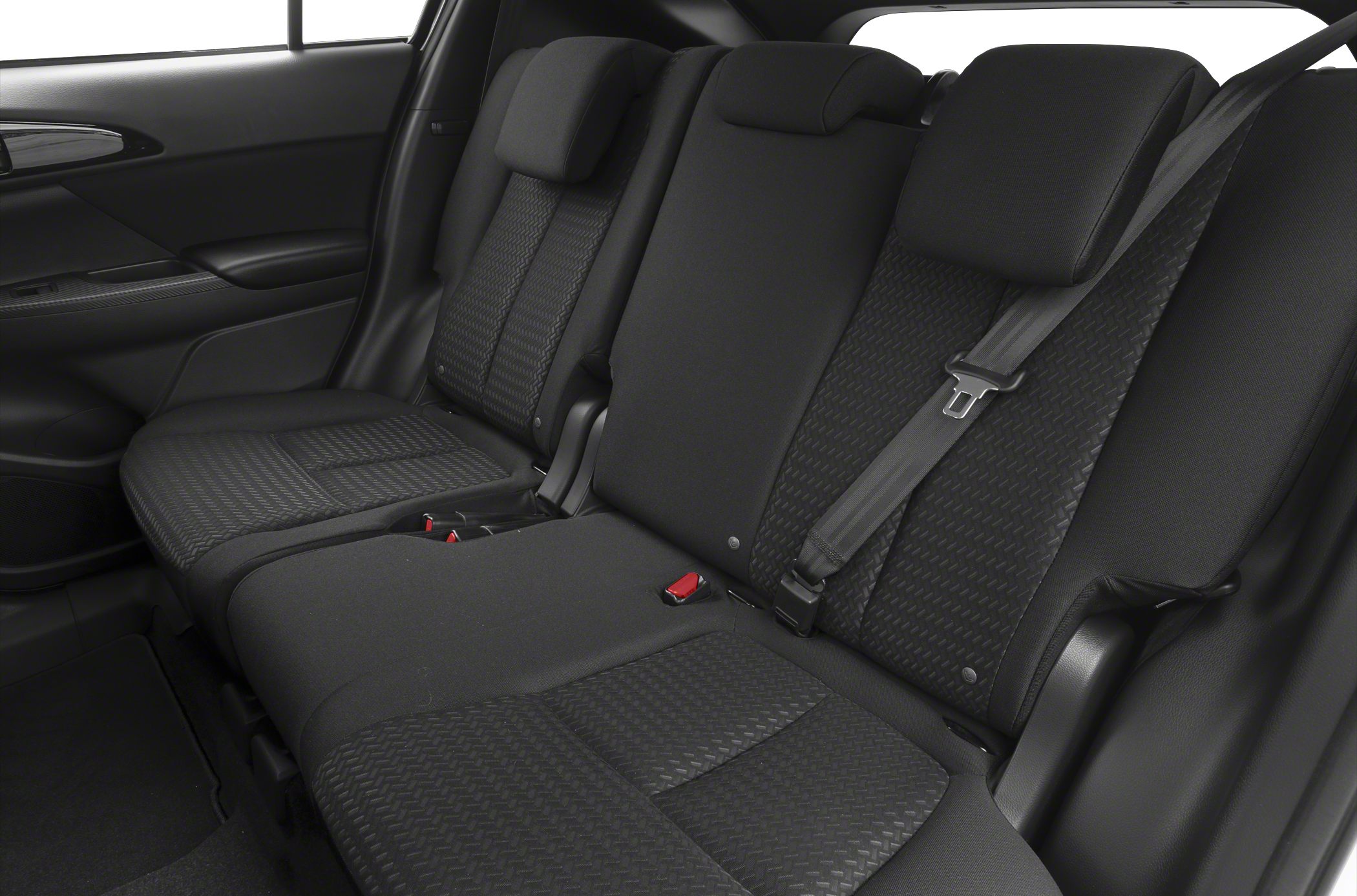 Black patterned rear seat upholstery with seatbelts and headrests