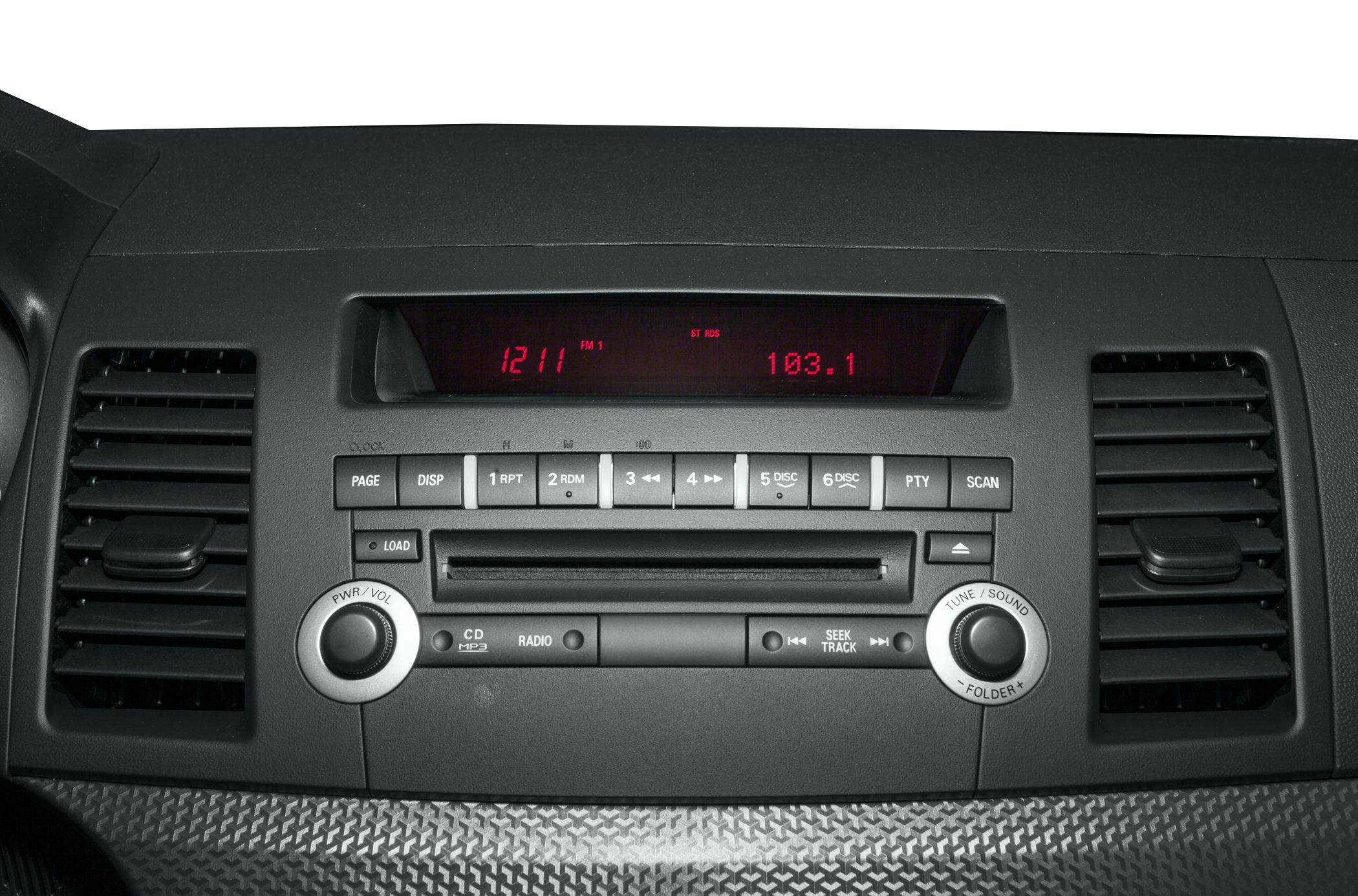 Dashboard stereo unit with CD player and digital display between air vents