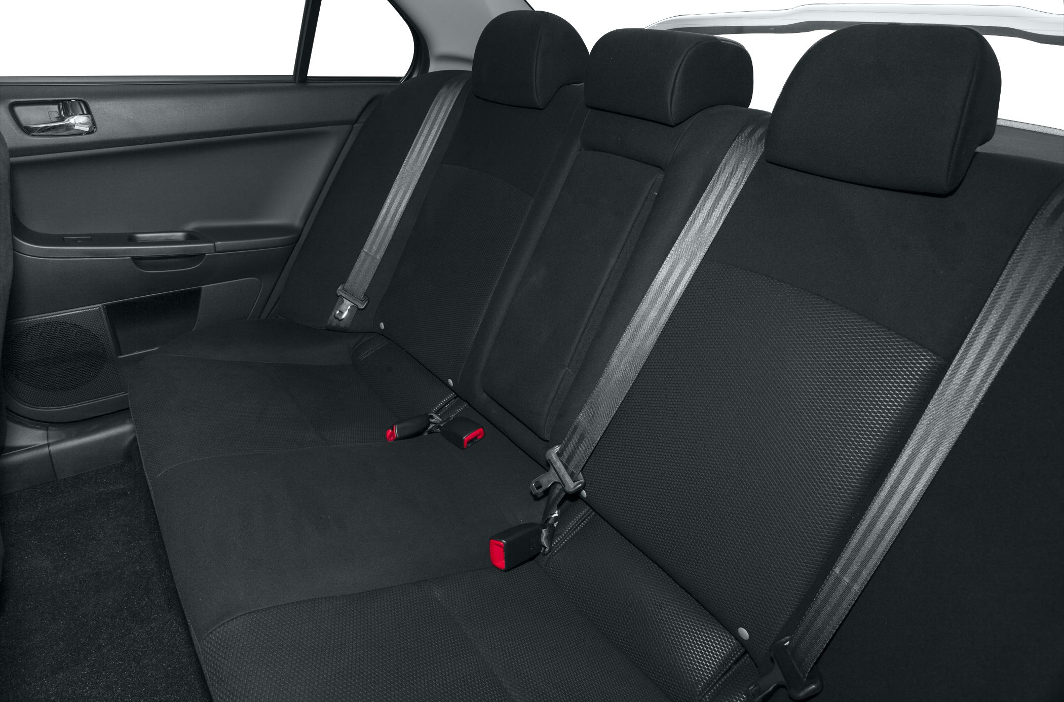 Rear seat upholstery with seat belts and headrests