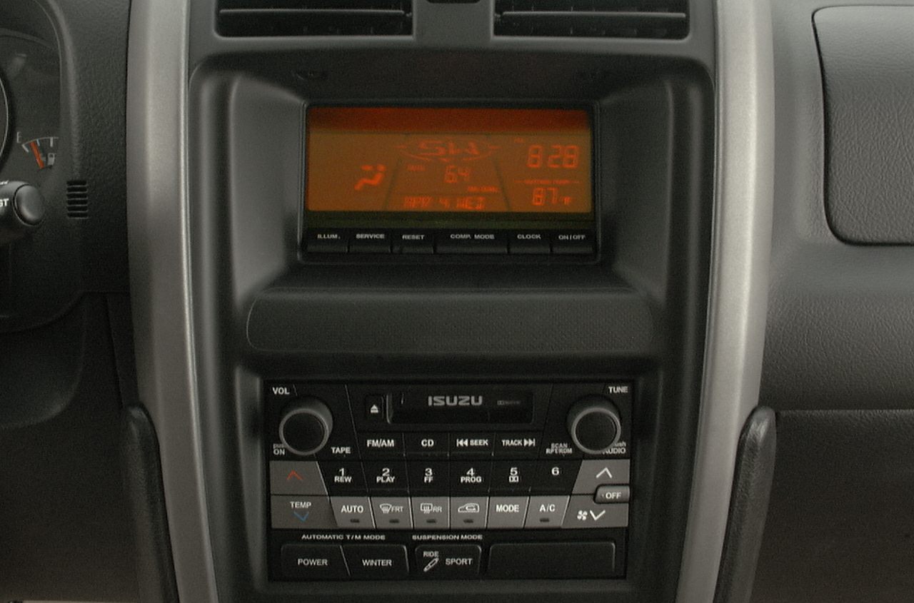 Audio system, climate controls, and suspension mode buttons in car console