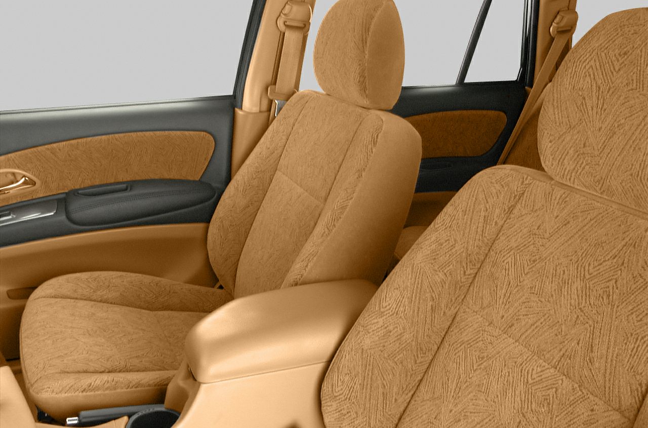 Tan fabric front seats and door panel upholstery in car interior