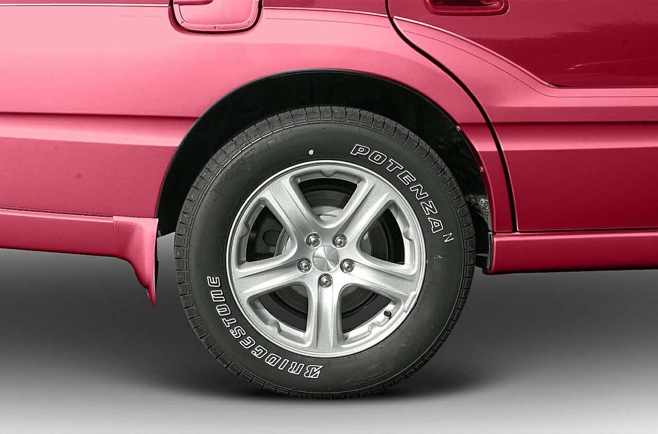 Close-up of Bridgestone Potenza tire and alloy wheel on red vehicle side