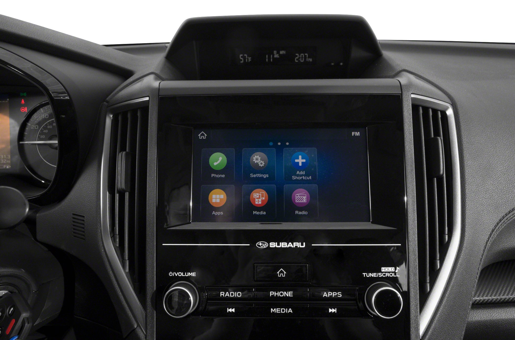 Touchscreen infotainment system with control knobs in a modern car dashboard