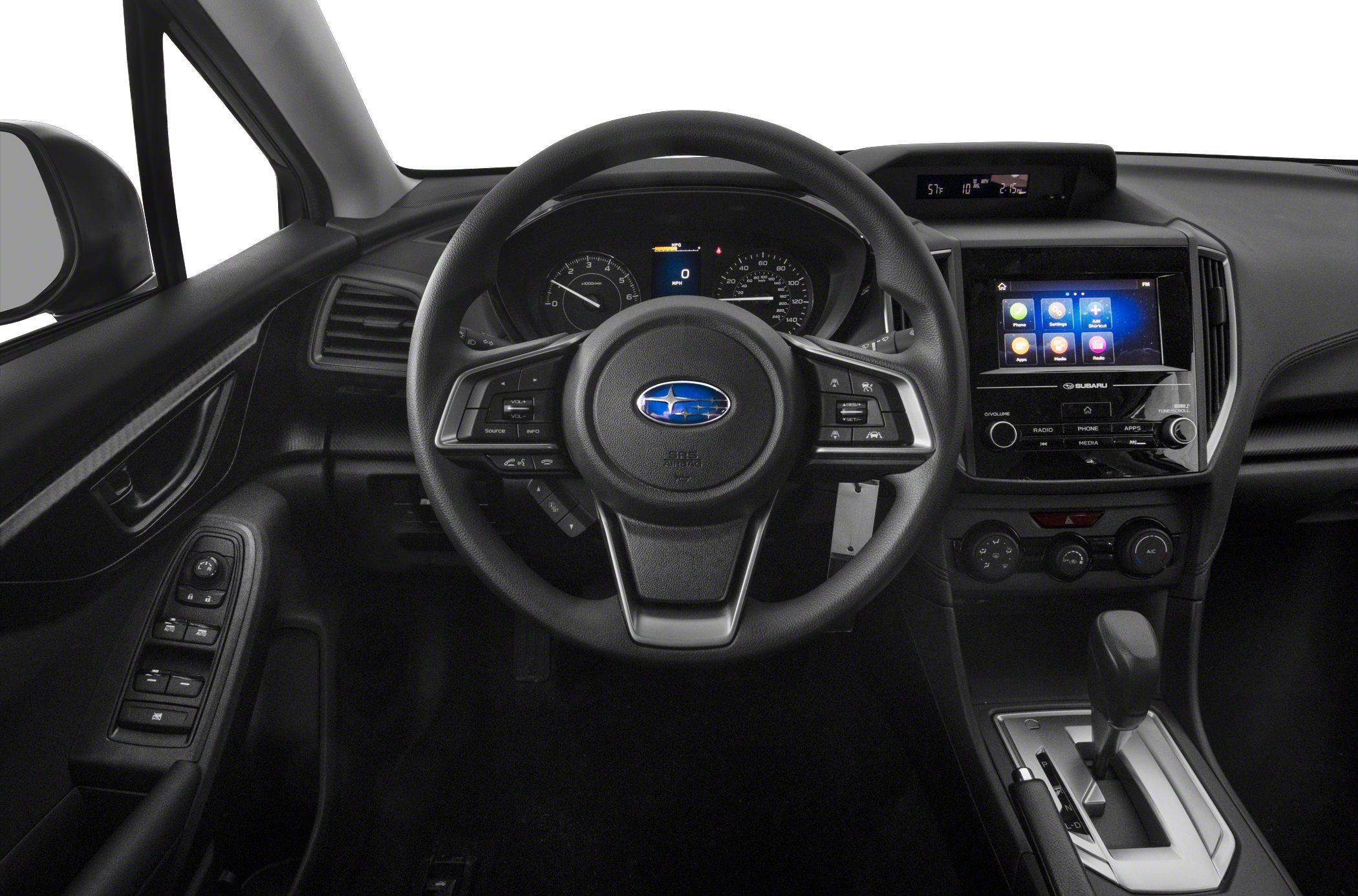 Dashboard, steering wheel, infotainment system in hatchback interior