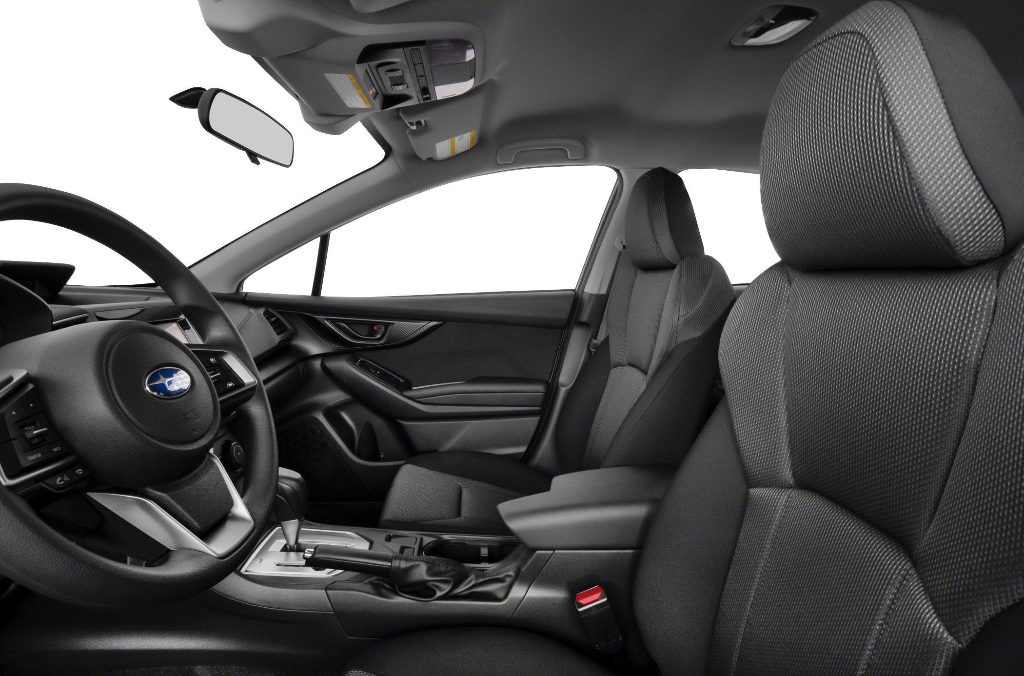 Modern front seats and dashboard with steering wheel and gear shift