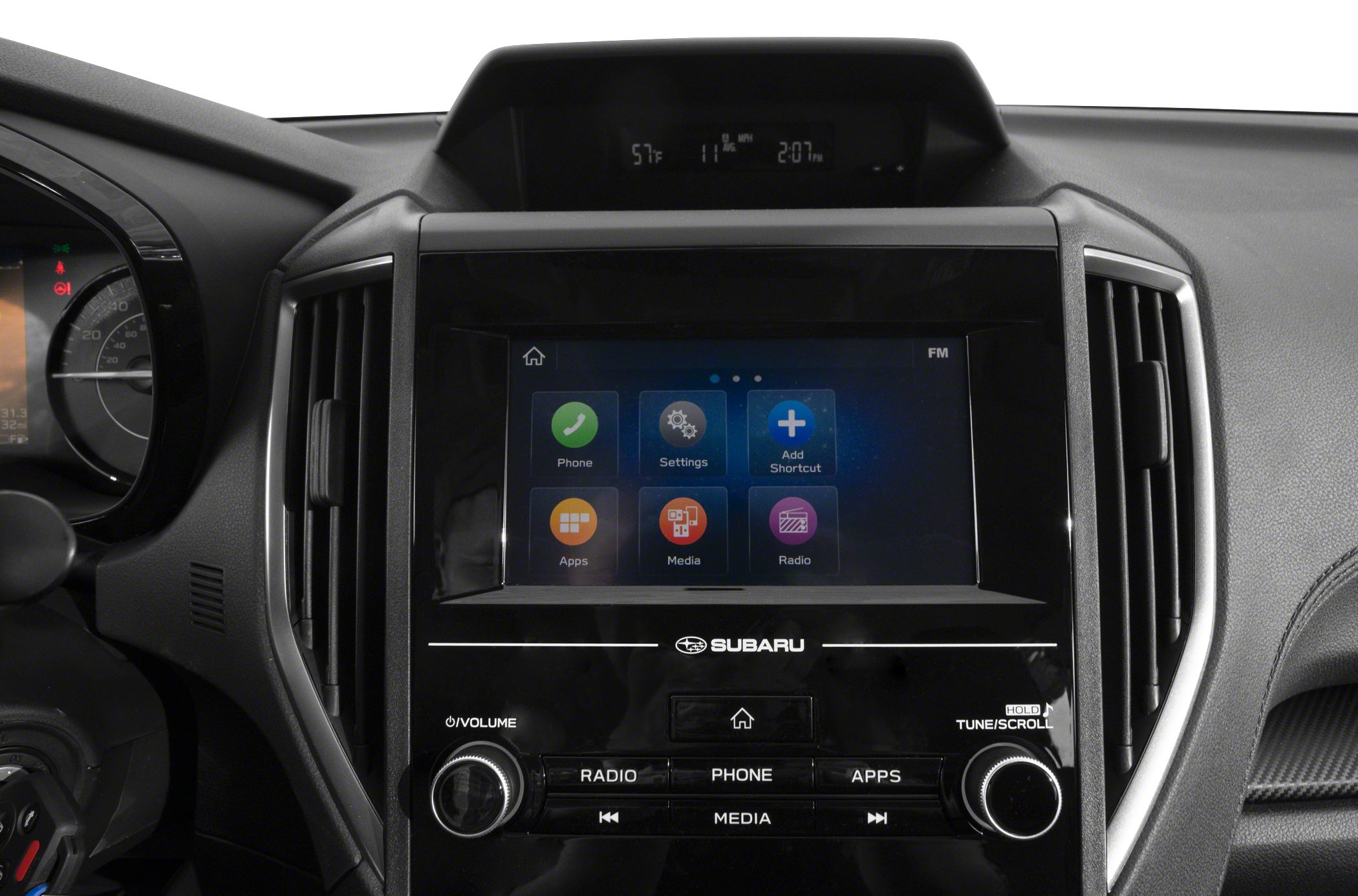 Touchscreen infotainment system with audio and media controls in center console