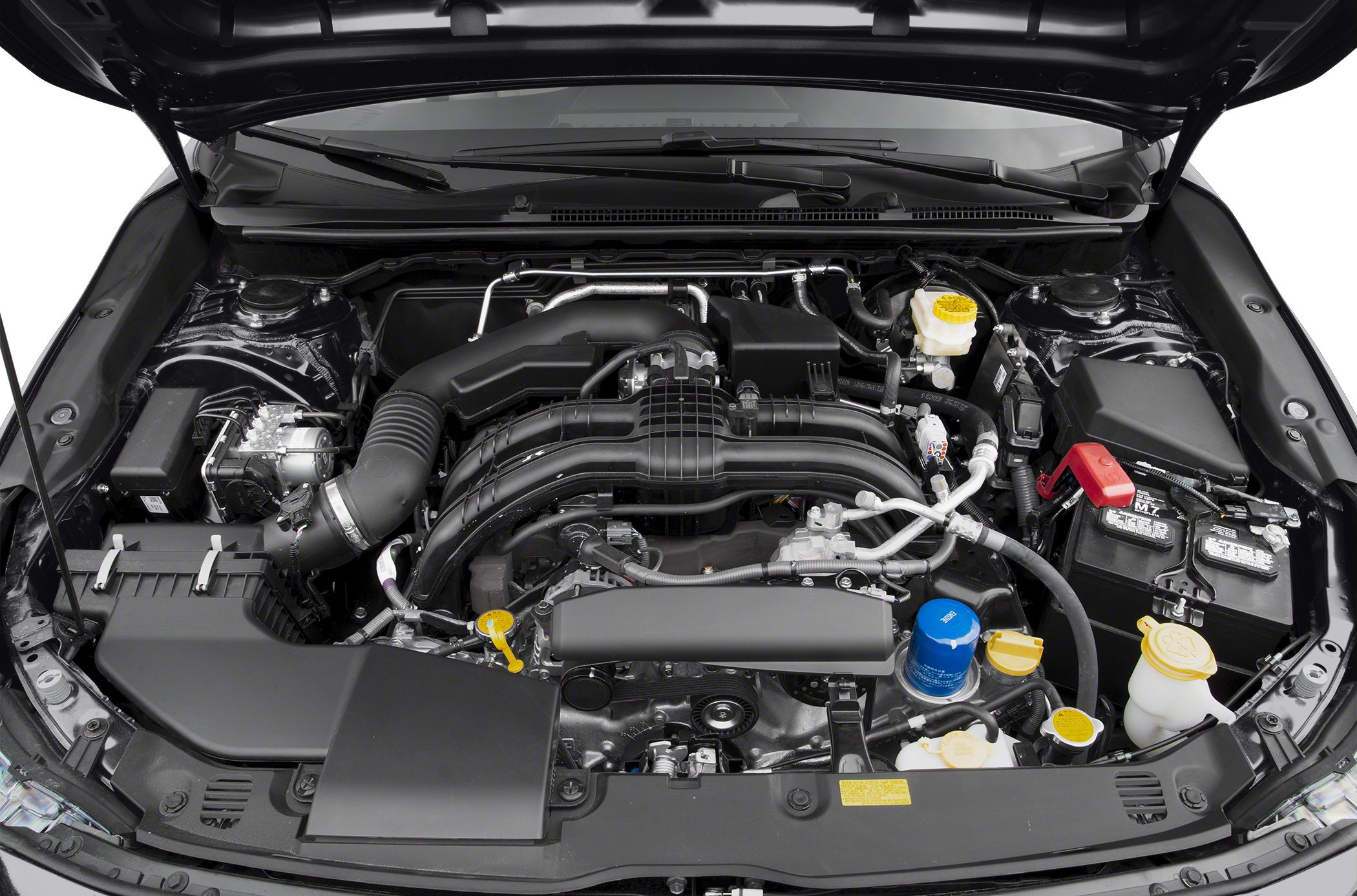 Engine bay with visible air intake, battery, and fluid reservoirs