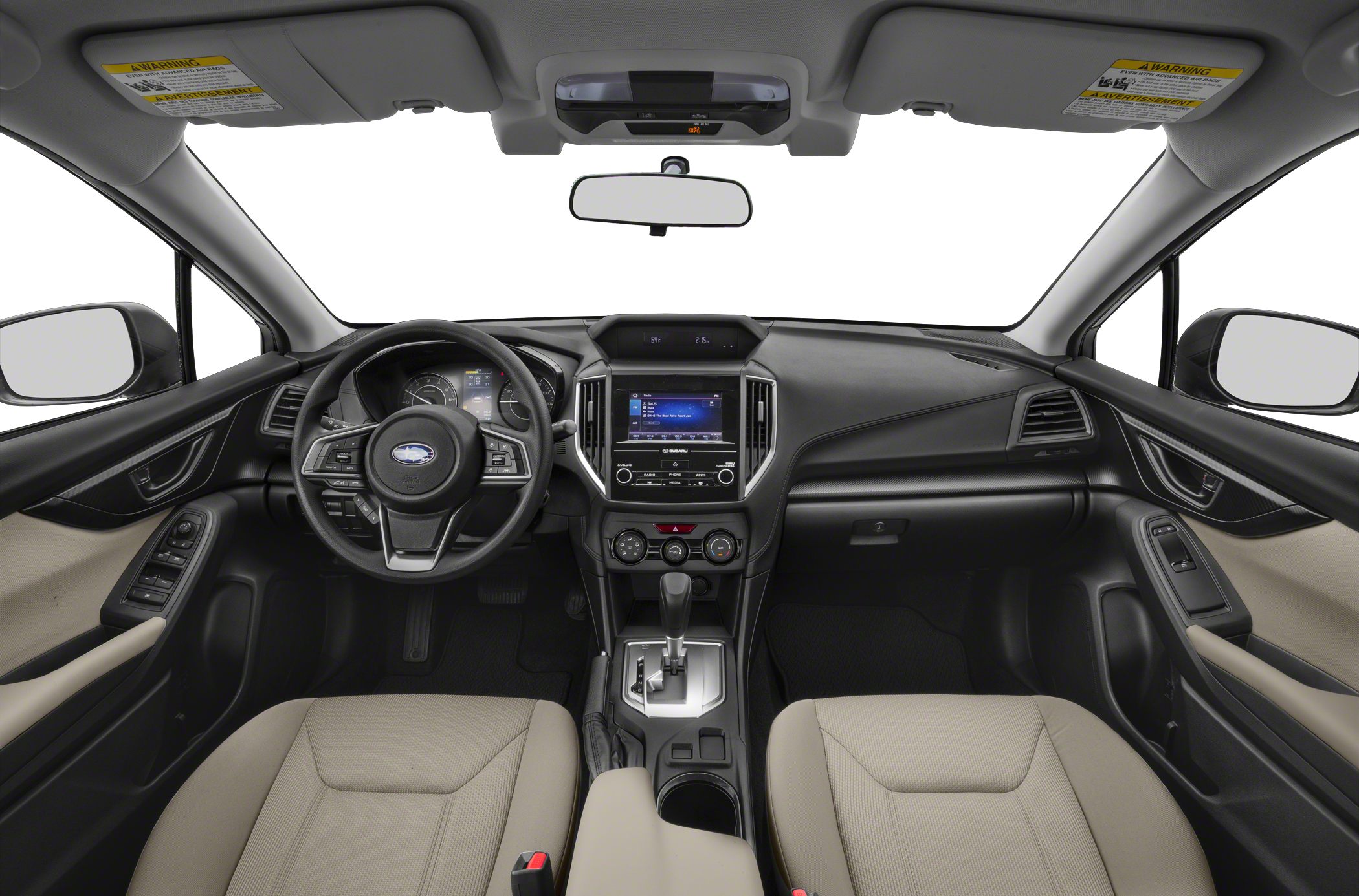 Dashboard, steering wheel, center console, and beige front seats interior