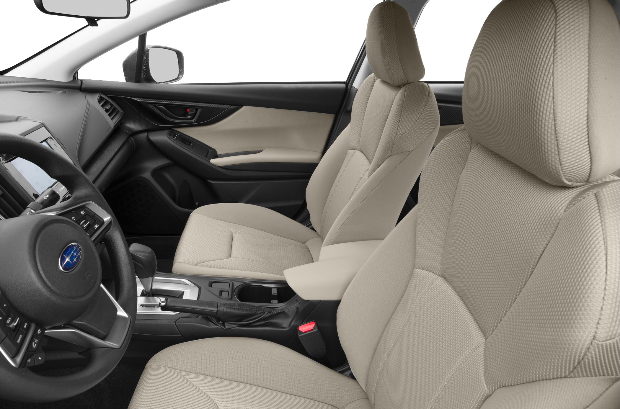 Beige fabric seats with modern dashboard and steering wheel design
