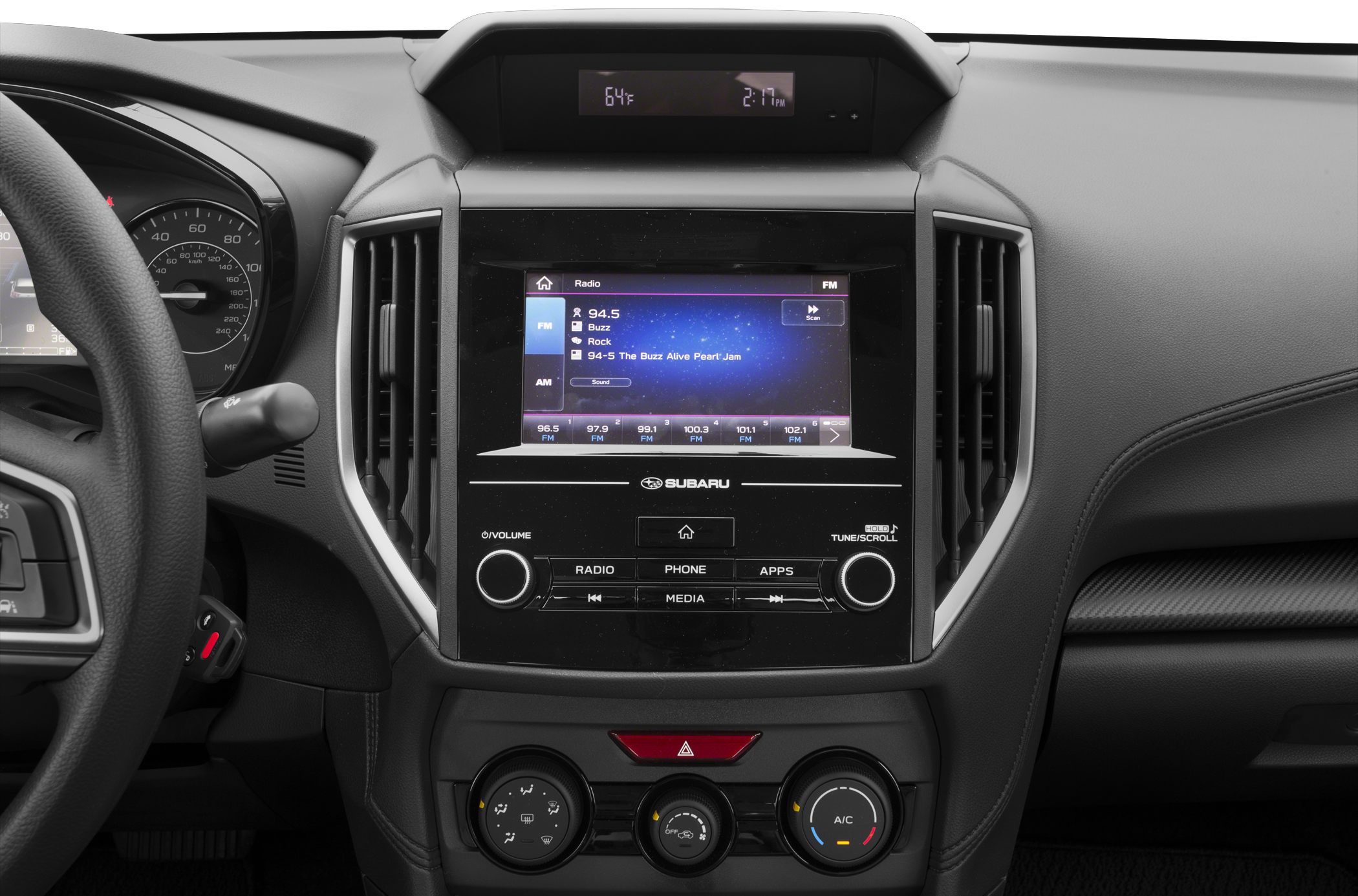Touchscreen infotainment system and climate controls with dials.