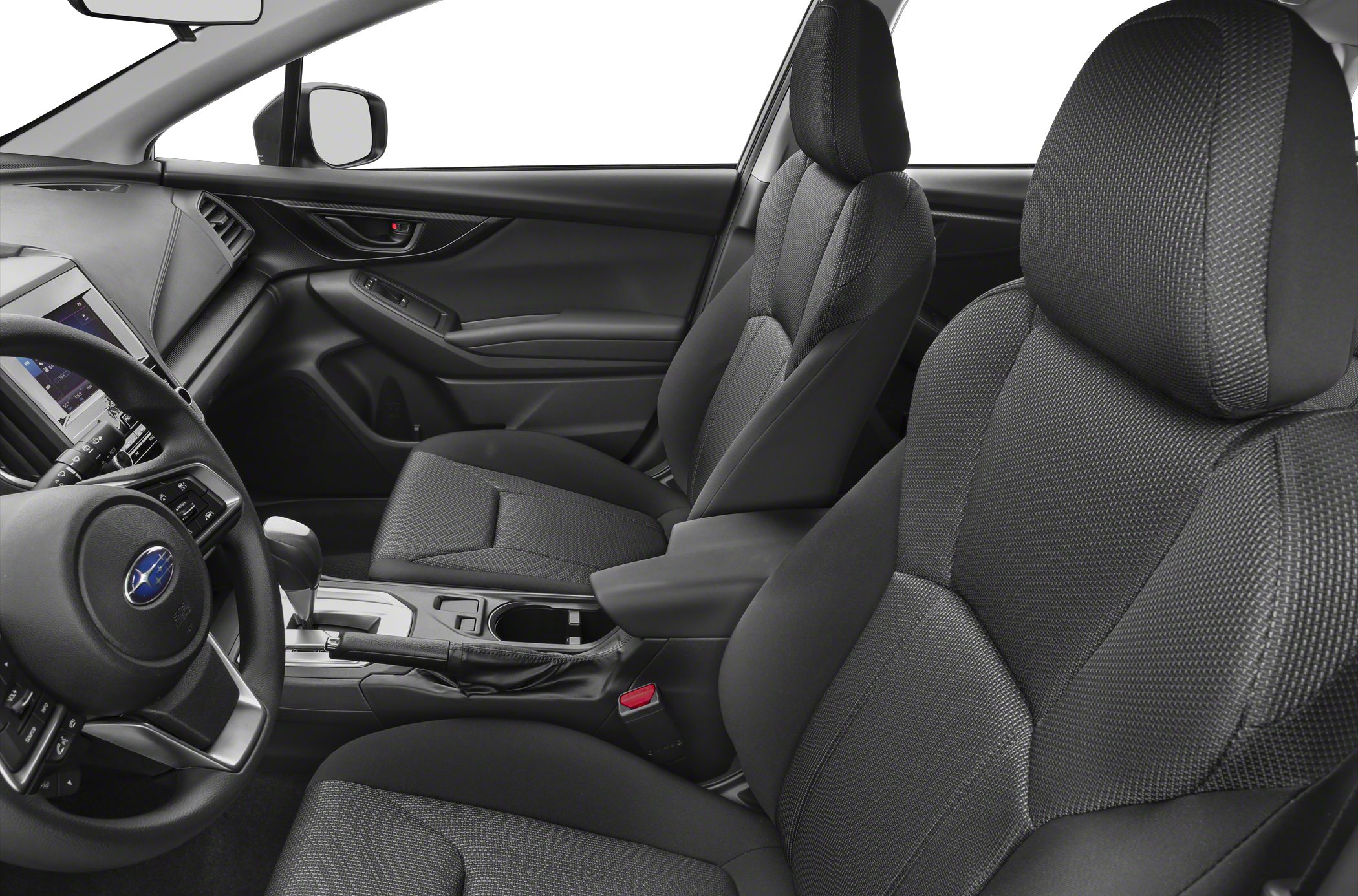 Detailed view of front seats, dashboard, and center console.