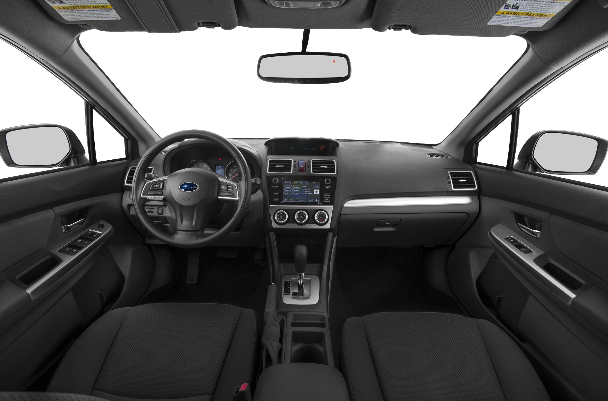 Interior dashboard, steering wheel with controls, center console and seats