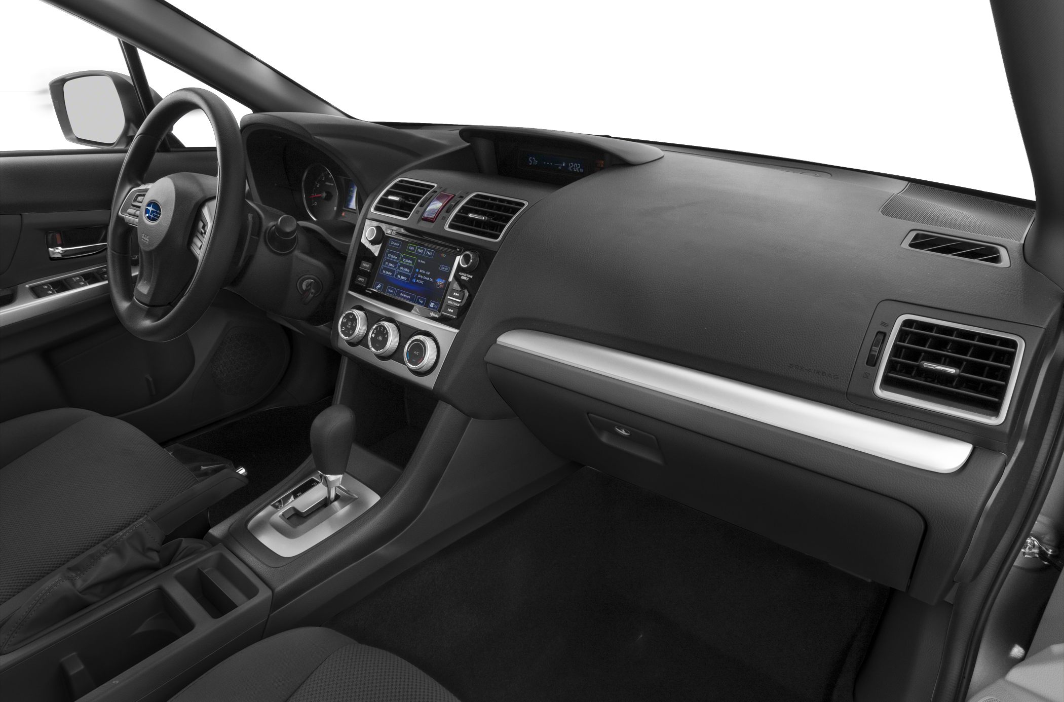 Dashboard, steering wheel, and center console with multimedia display and climate controls