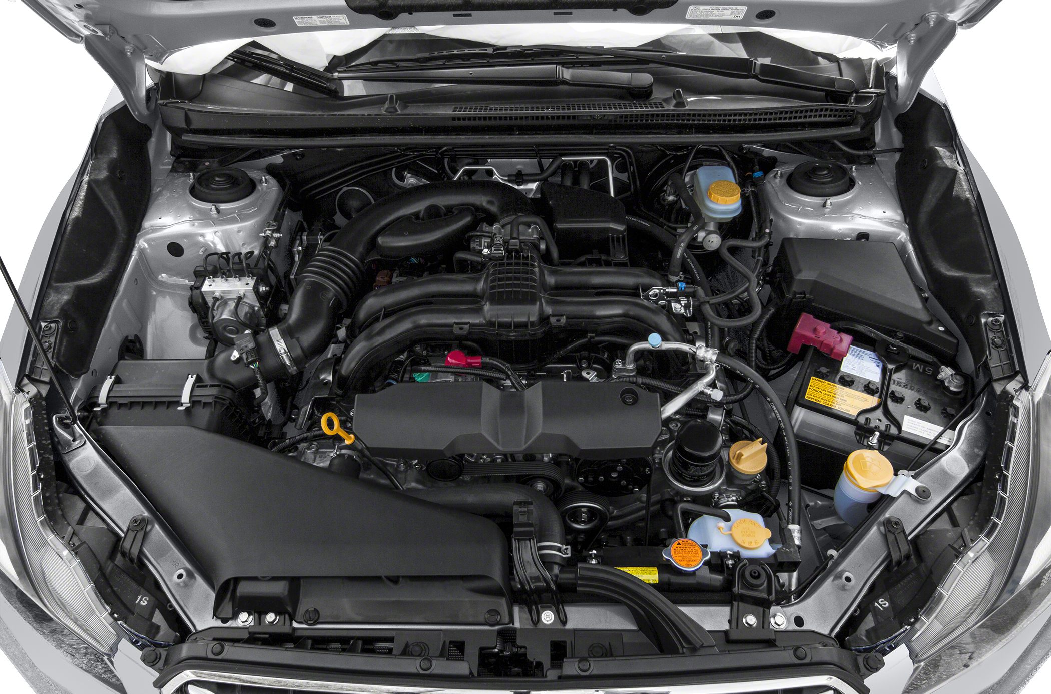 Compact and organized engine bay with visible air intake and fluid reservoirs