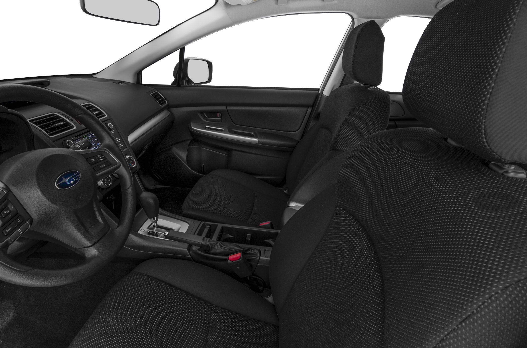 Front interior cabin view with dashboard and seats