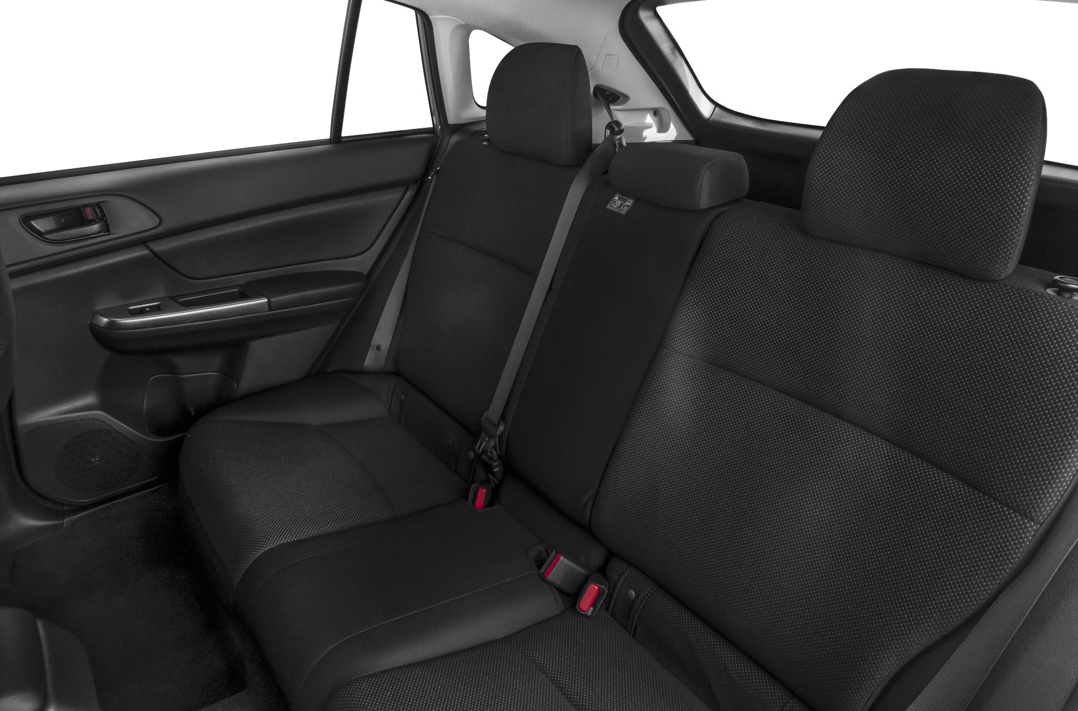 Rear seat interior with fabric upholstery and seatbelt features