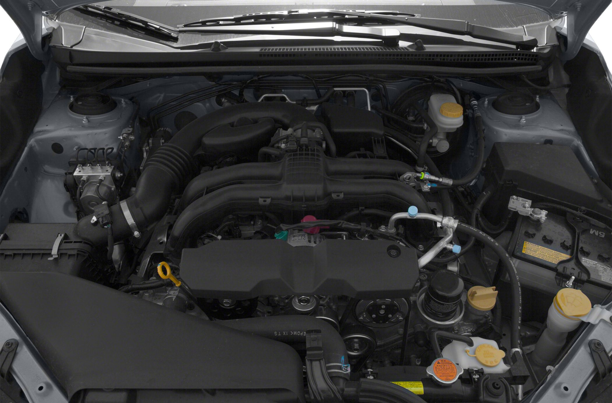 Engine bay with detailed Subaru motor components and layout