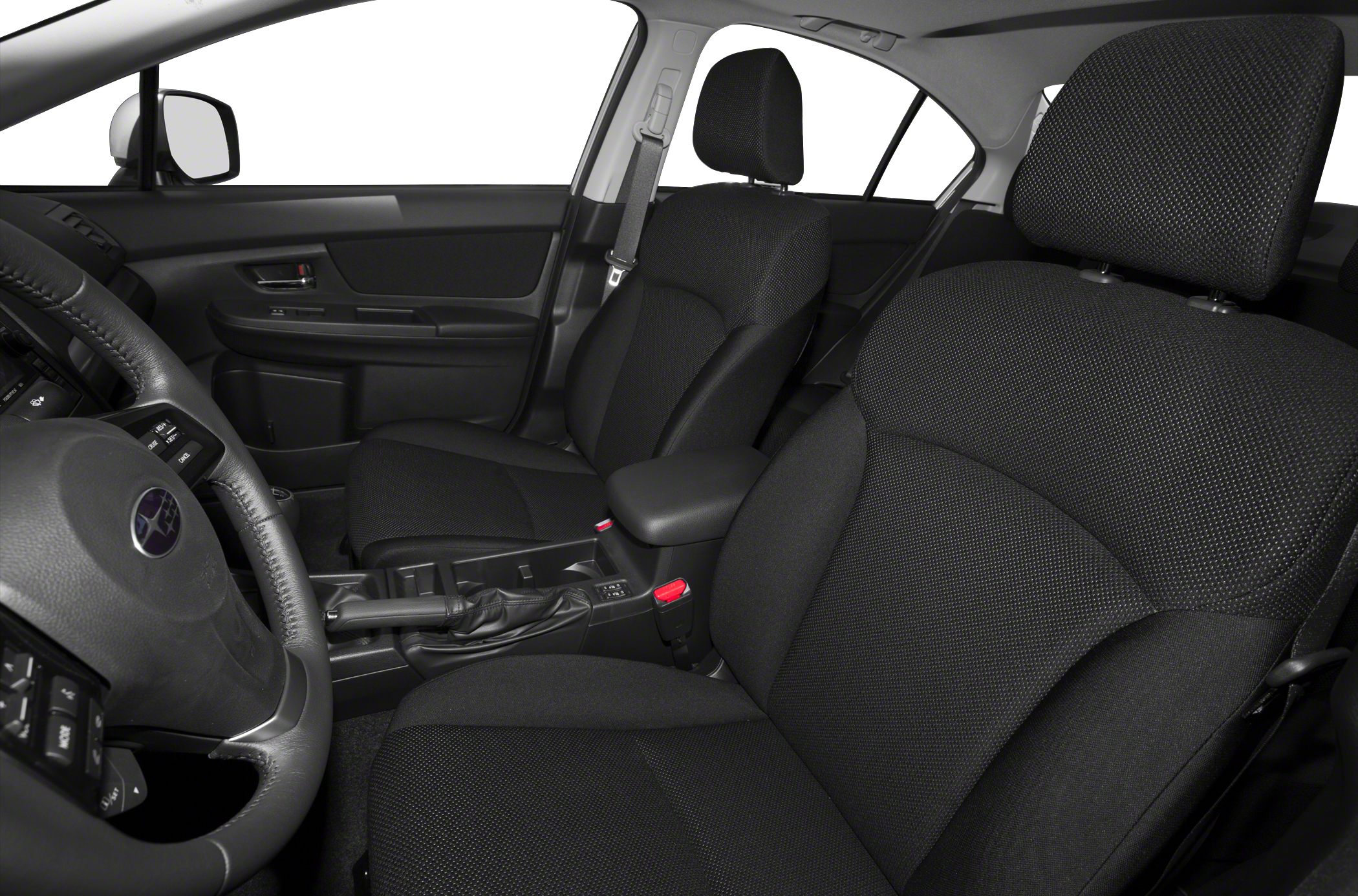 Fabric front seats and center console controls interior view