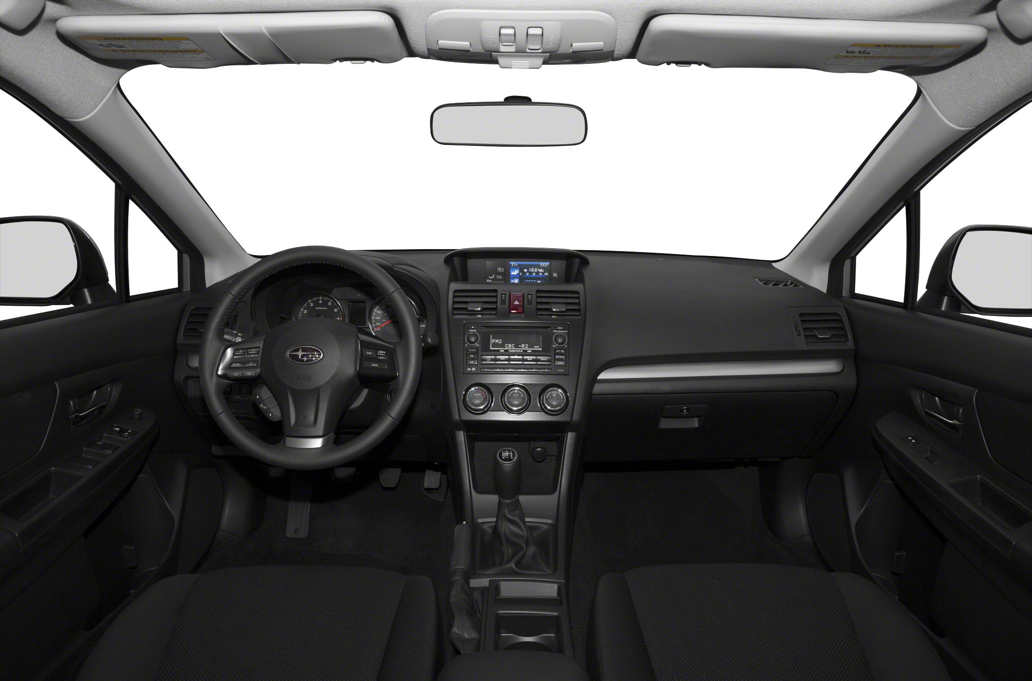 Car interior with dashboard, steering wheel, and manual gear shift