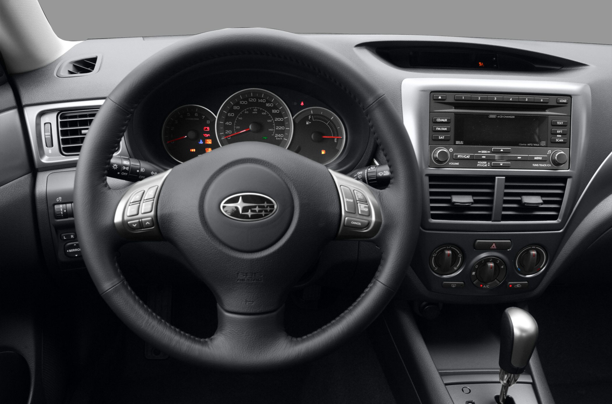 Interior dashboard with steering wheel, instrument cluster, and center console controls