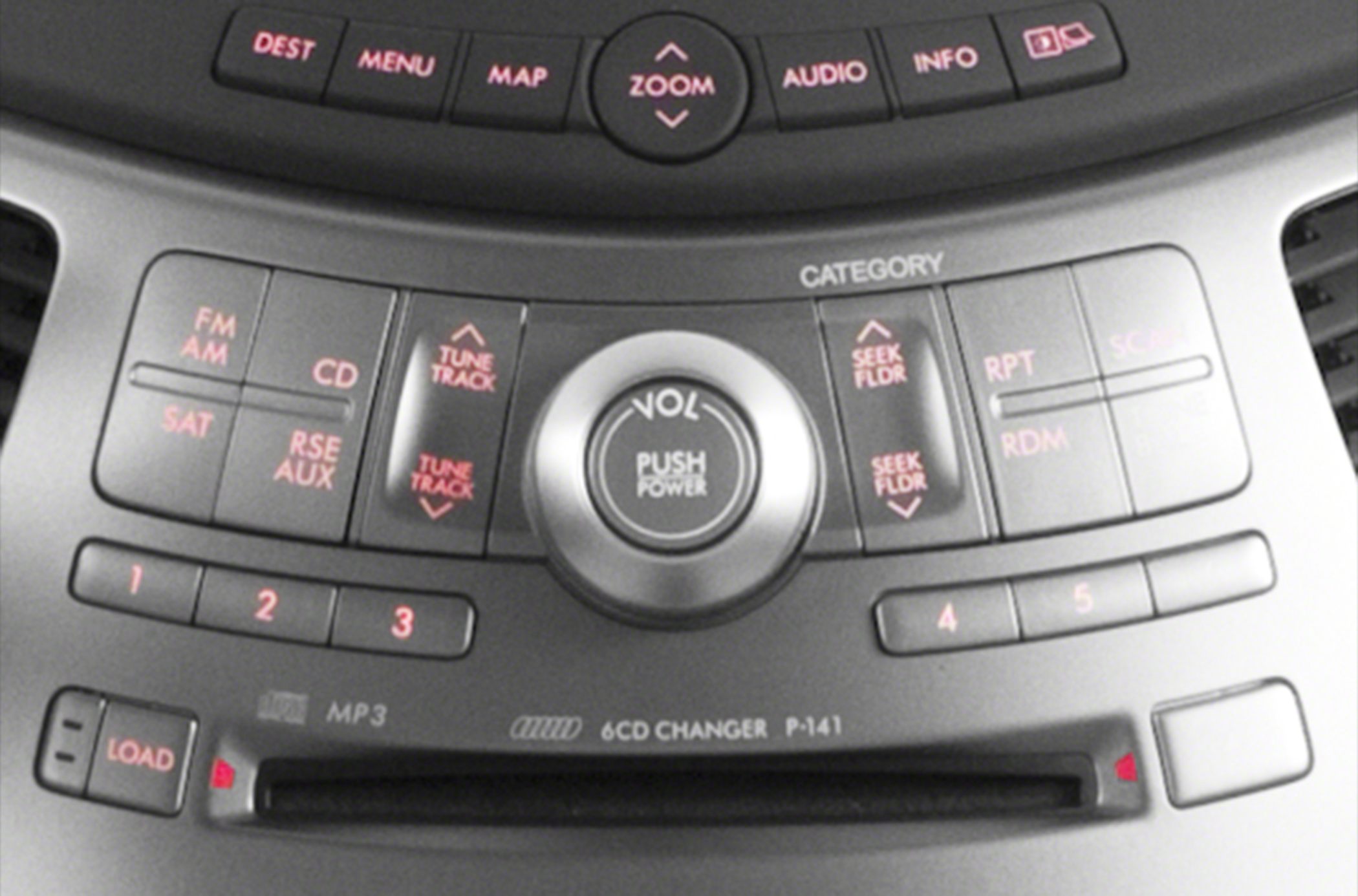 Car audio system controls with CD changer and navigation buttons