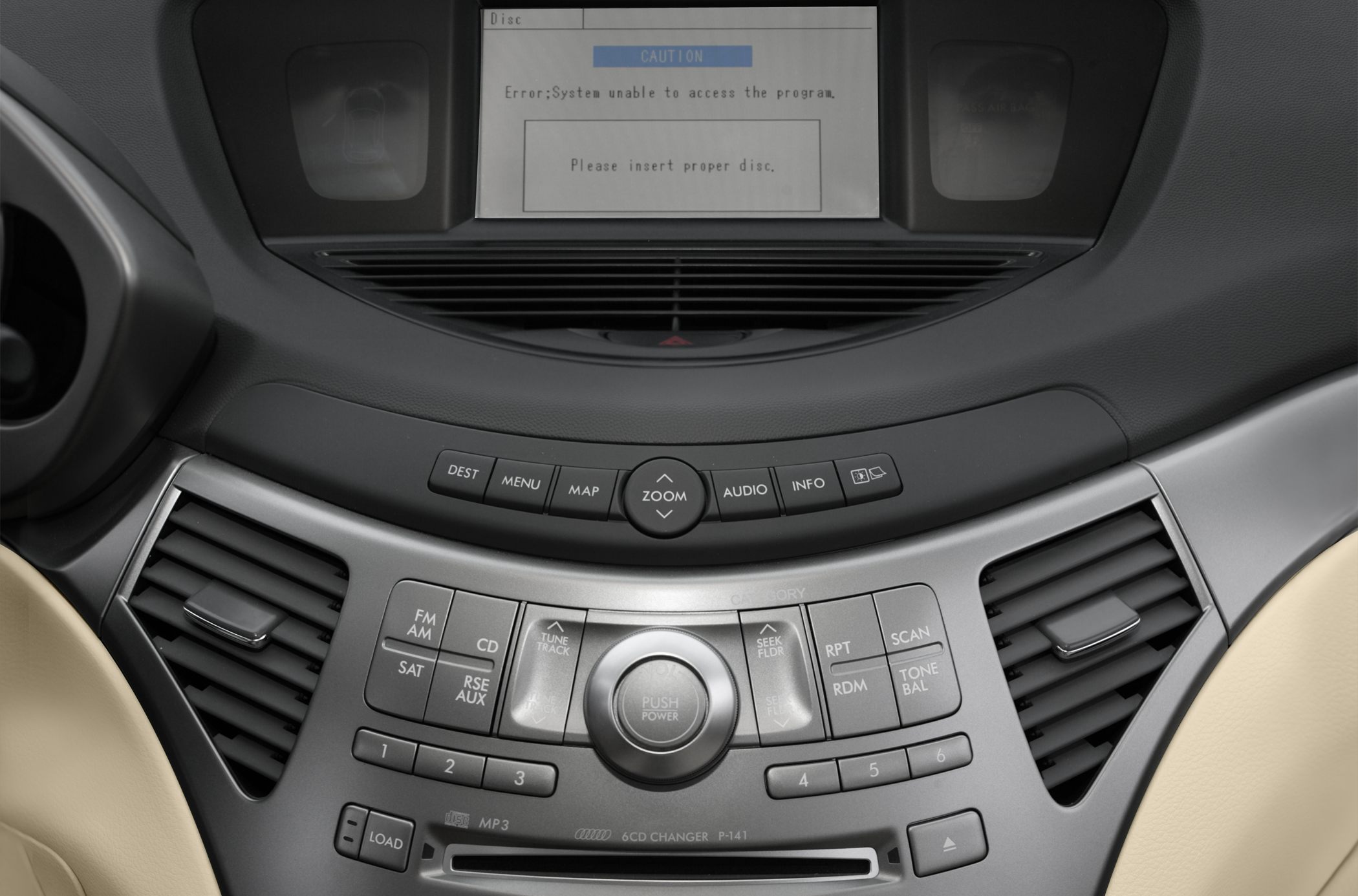Infotainment screen with error message and control panel buttons