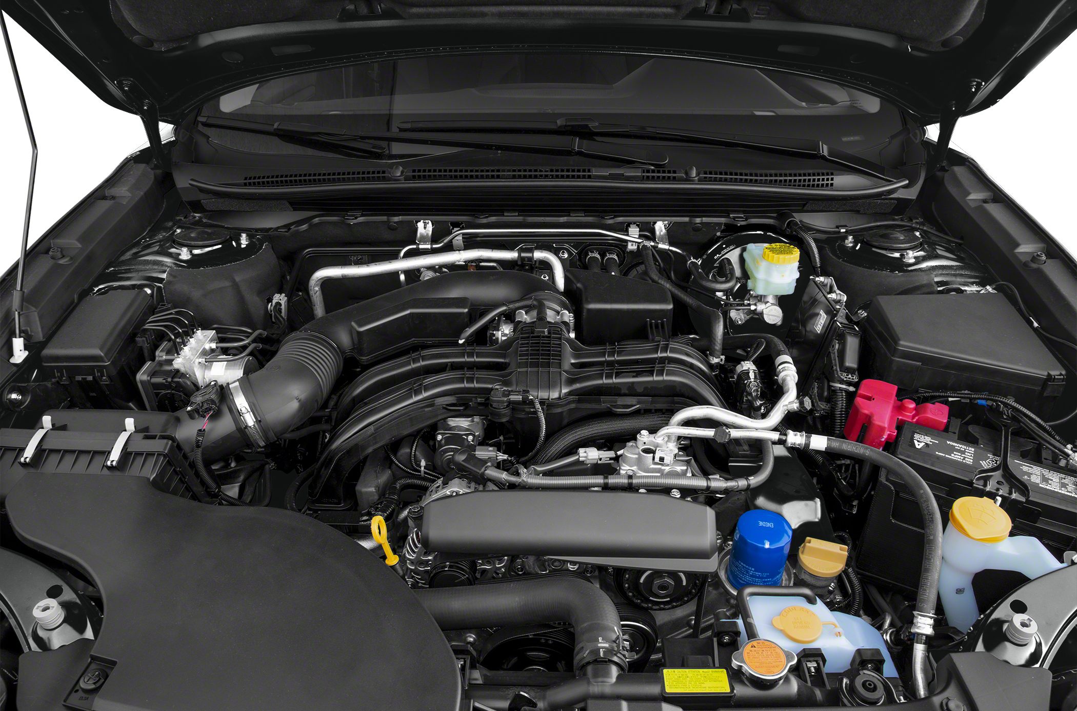 Modern engine bay with visible components and fluid reservoirs