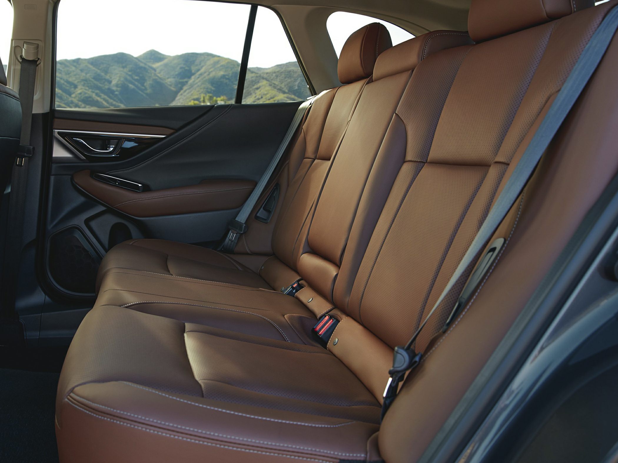 Brown leather rear seats and stylish door panel design with seatbelts