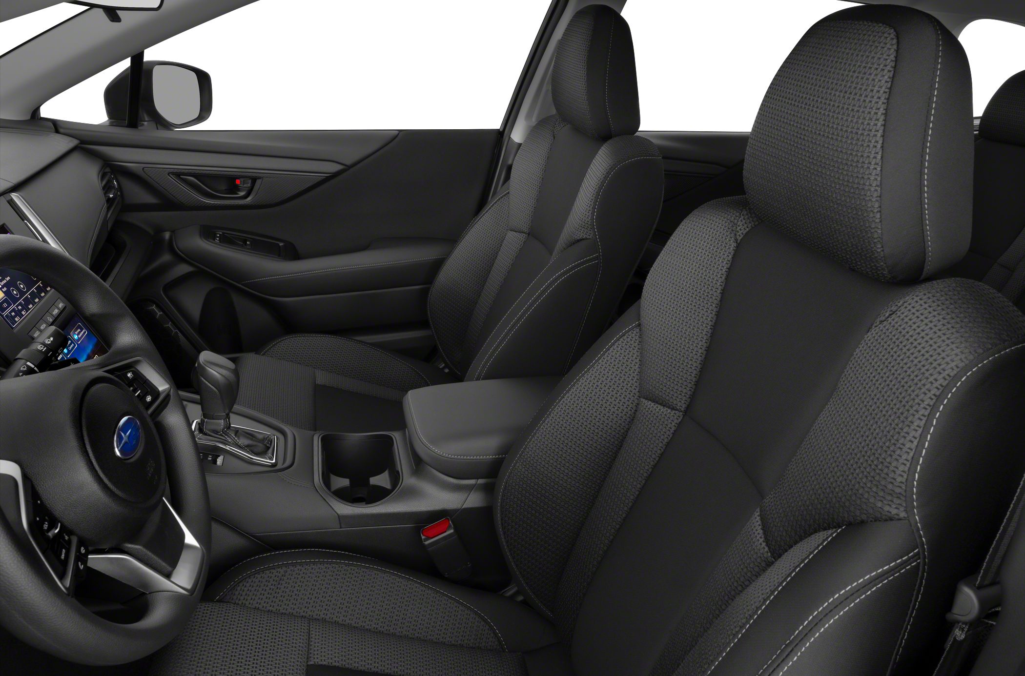 Fabric front seats and center console with gear shifter in a modern car interior.