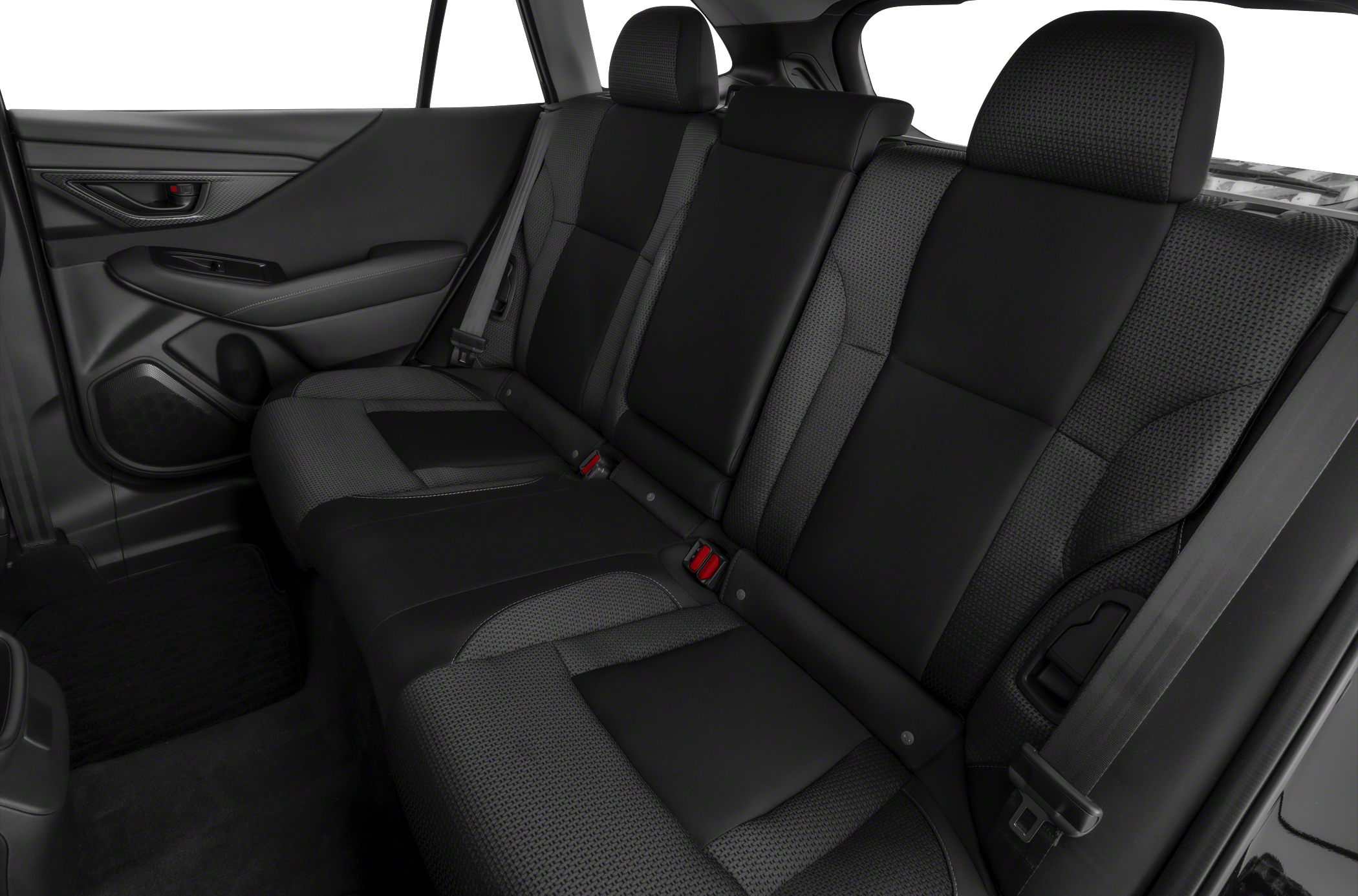 Rear seat interior with fabric upholstery and seatbelts